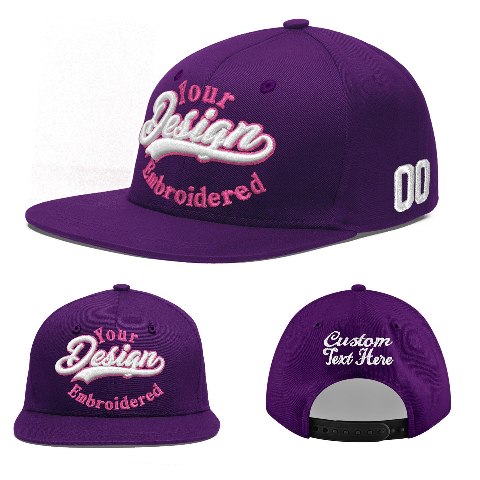Custom Purple 3D Puff Embroidery Flat Embroidery Casual Sport Baseball Cap
