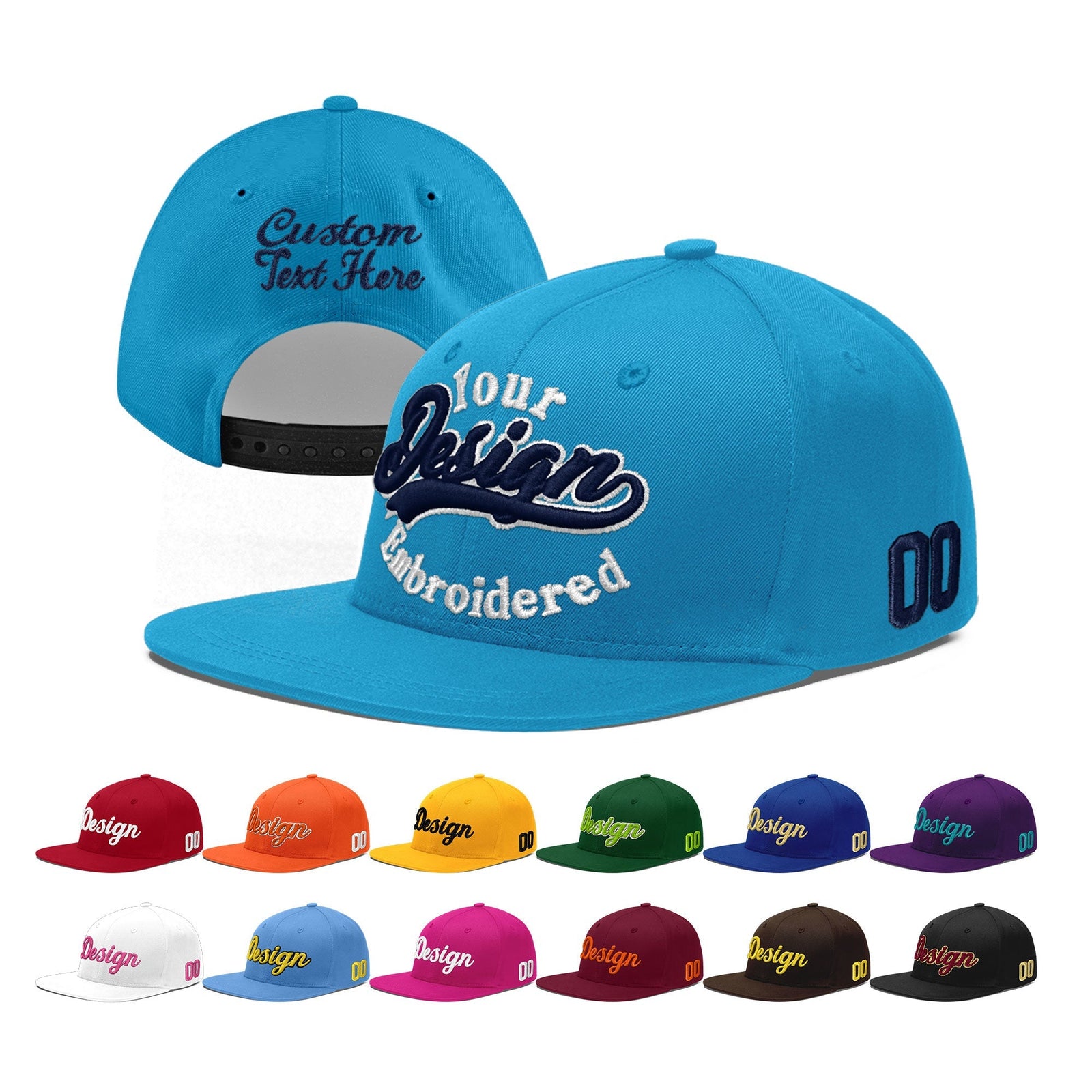 Custom Light Blue 3D Puff Embroidery Flat Embroidery Casual Sport Baseball Cap