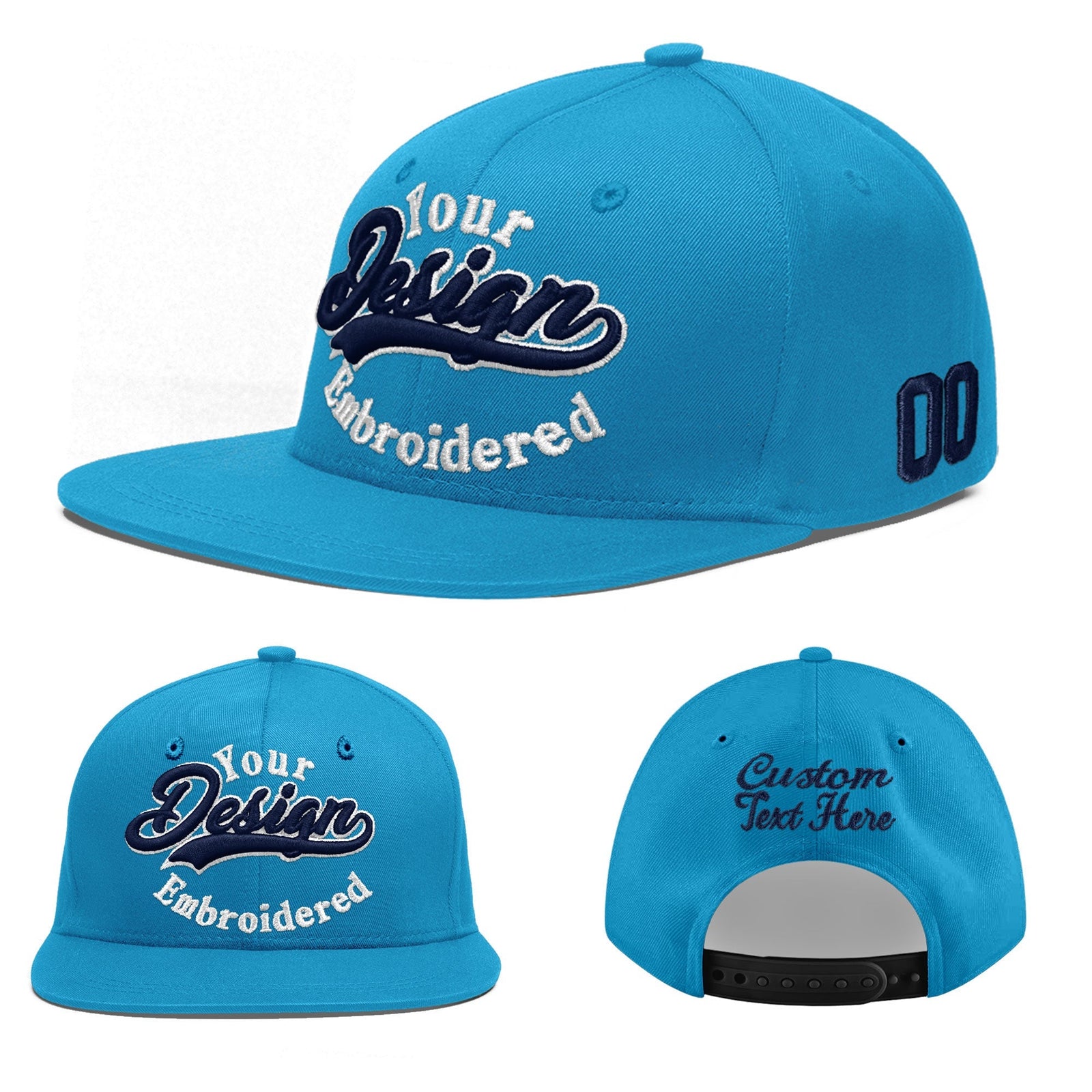 Custom Light Blue 3D Puff Embroidery Flat Embroidery Casual Sport Baseball Cap