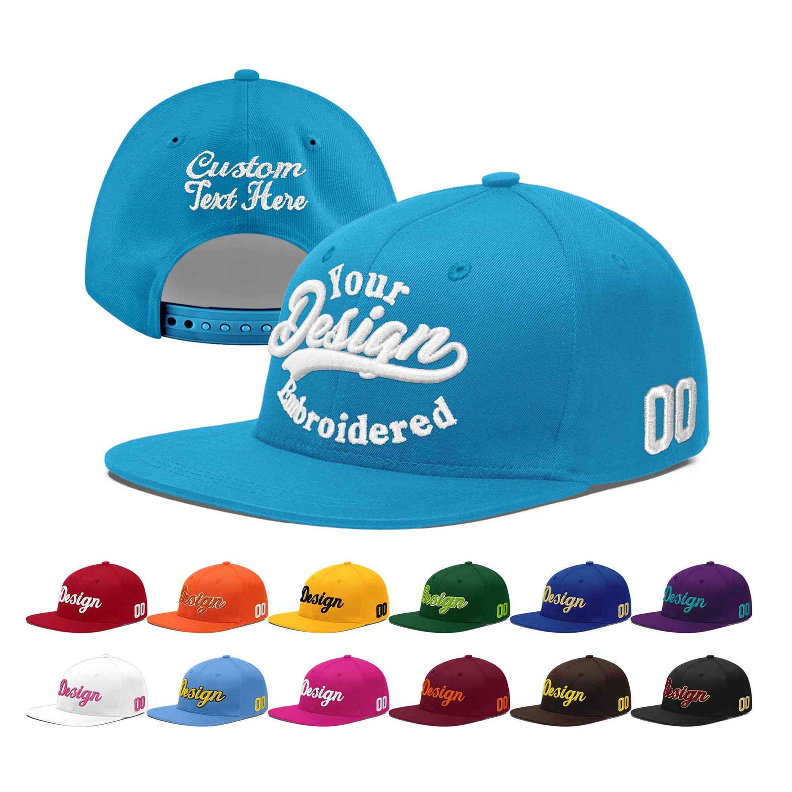 Custom Light Blue 3D Puff Embroidery Flat Embroidery Casual Sport Baseball Cap