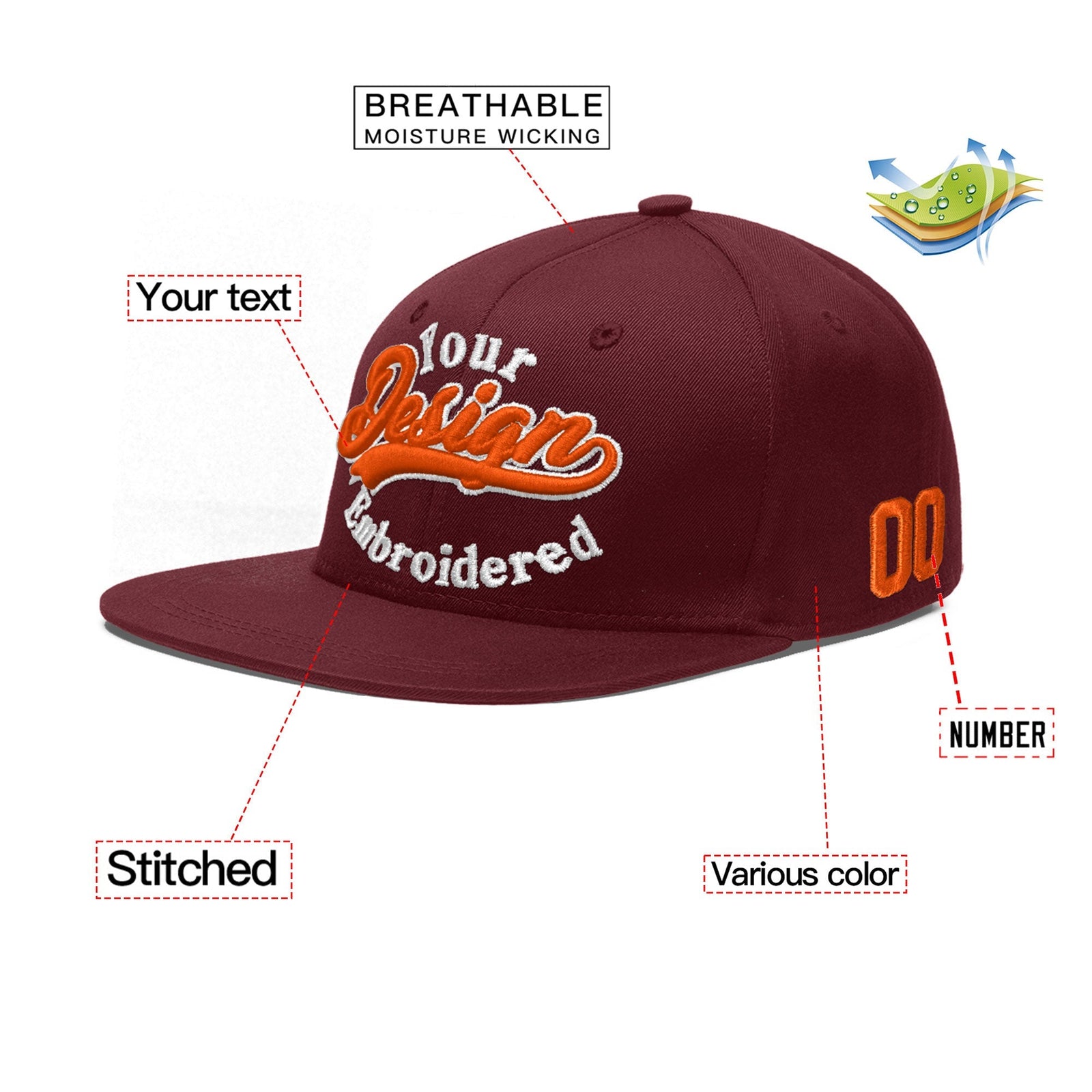 Custom Maroon 3D Puff Embroidery Flat Embroidery Casual Sport Baseball Cap