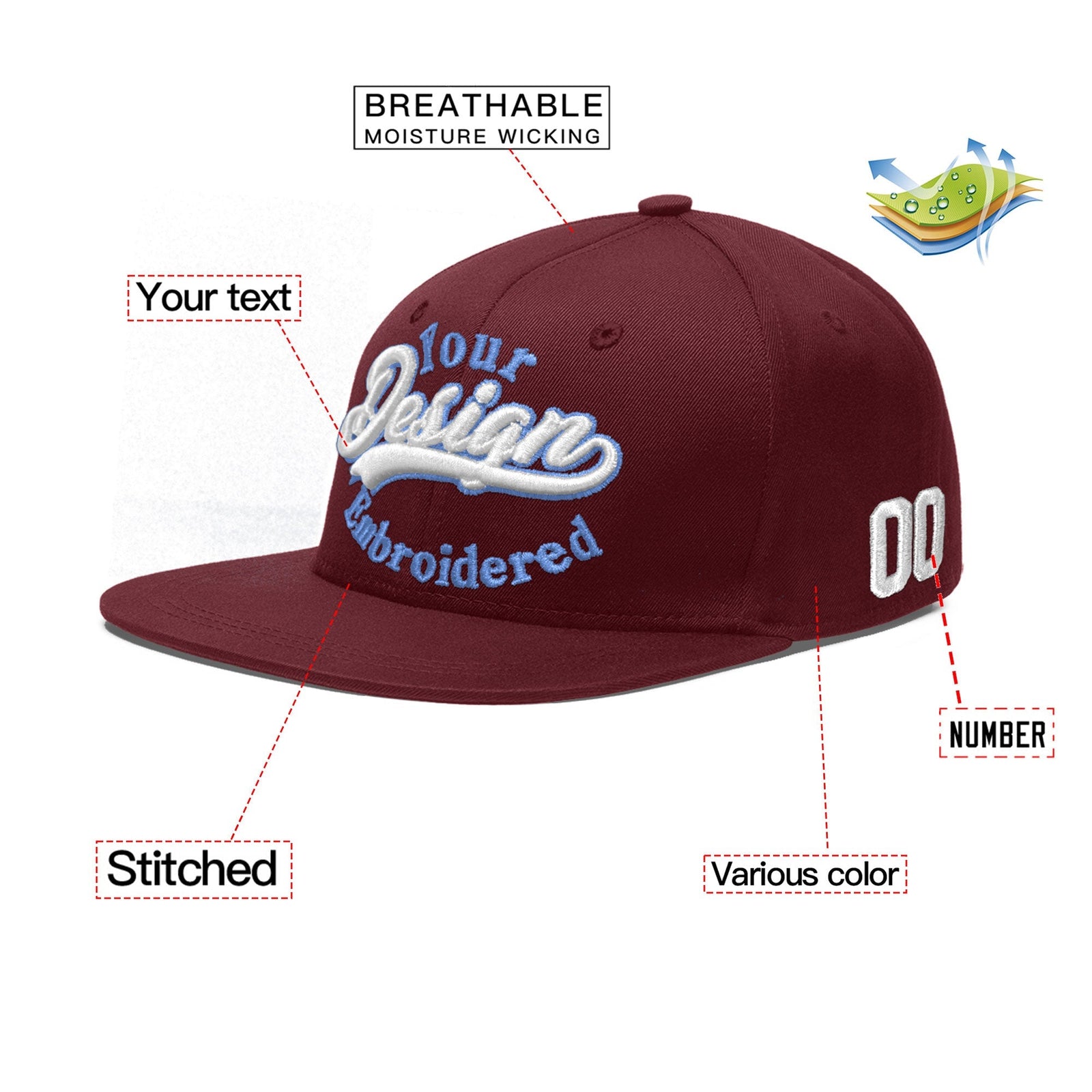 Custom Maroon 3D Puff Embroidery Flat Embroidery Casual Sport Baseball Cap