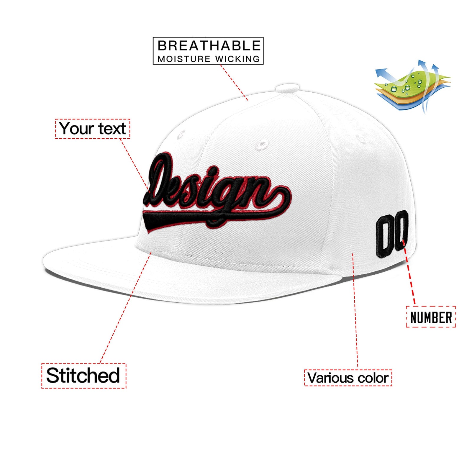 Custom White 3D Puff Embroidery Flat Embroidery Casual Sport Baseball Cap