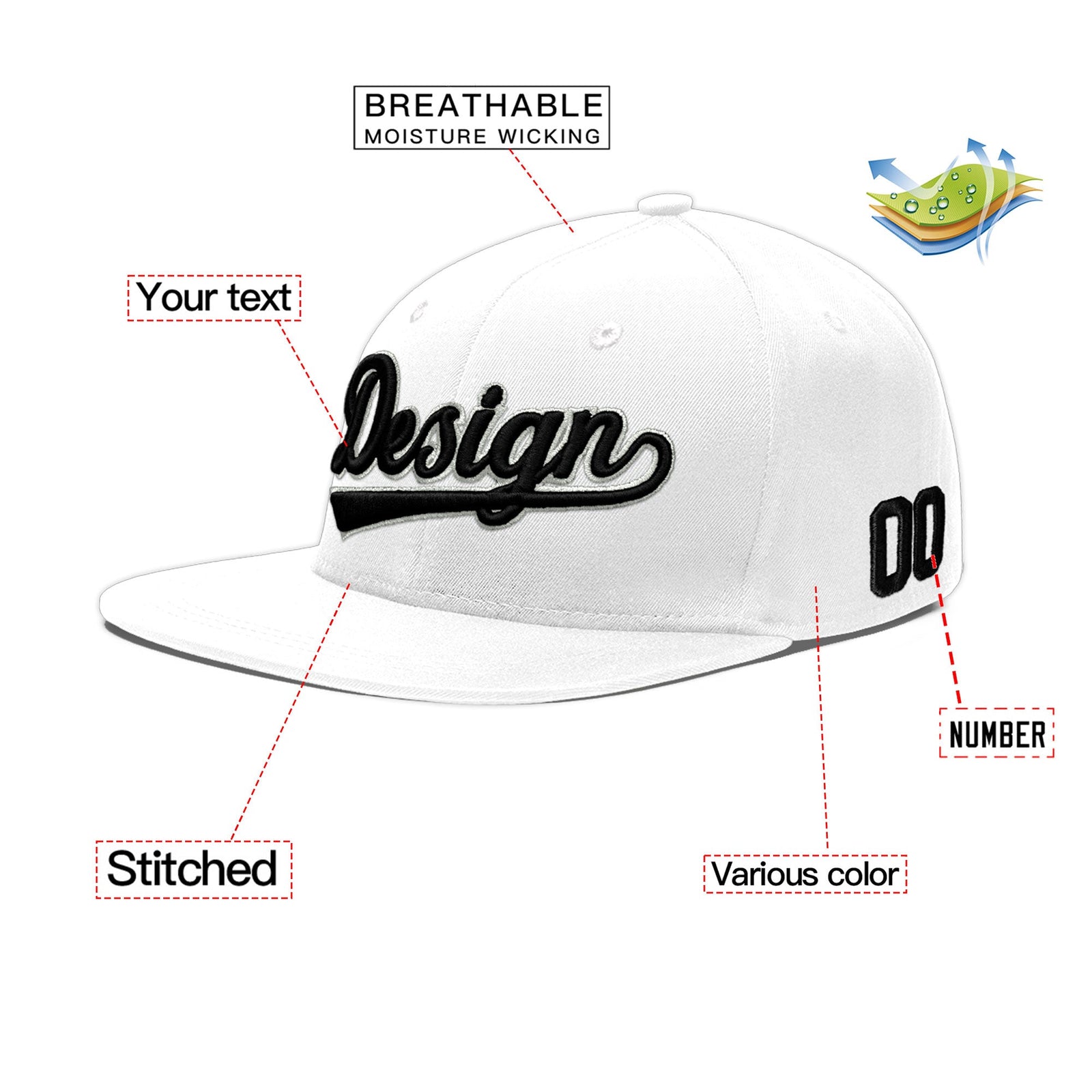 Custom White 3D Puff Embroidery Flat Embroidery Casual Sport Baseball Cap