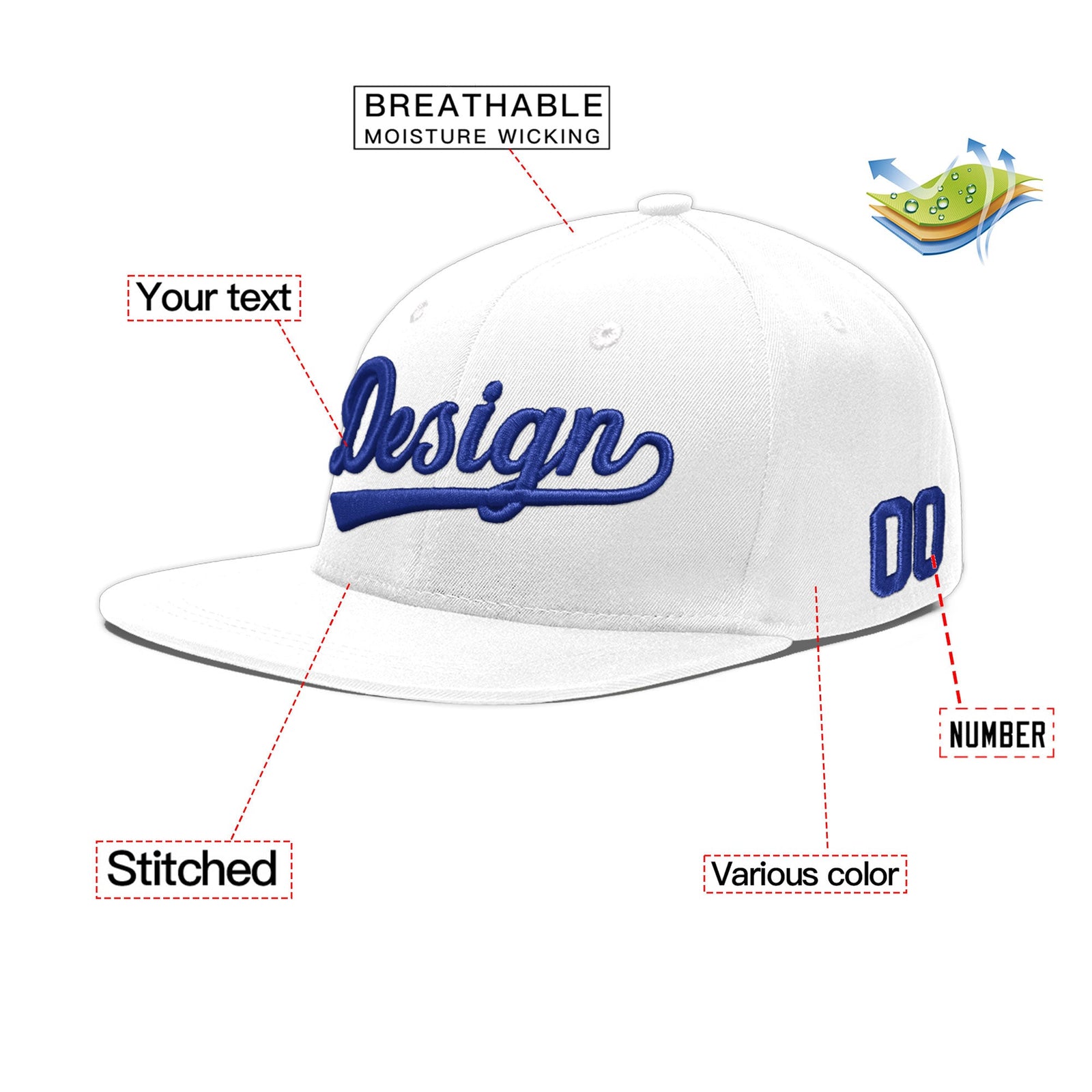 Custom White 3D Puff Embroidery Flat Embroidery Casual Sport Baseball Cap