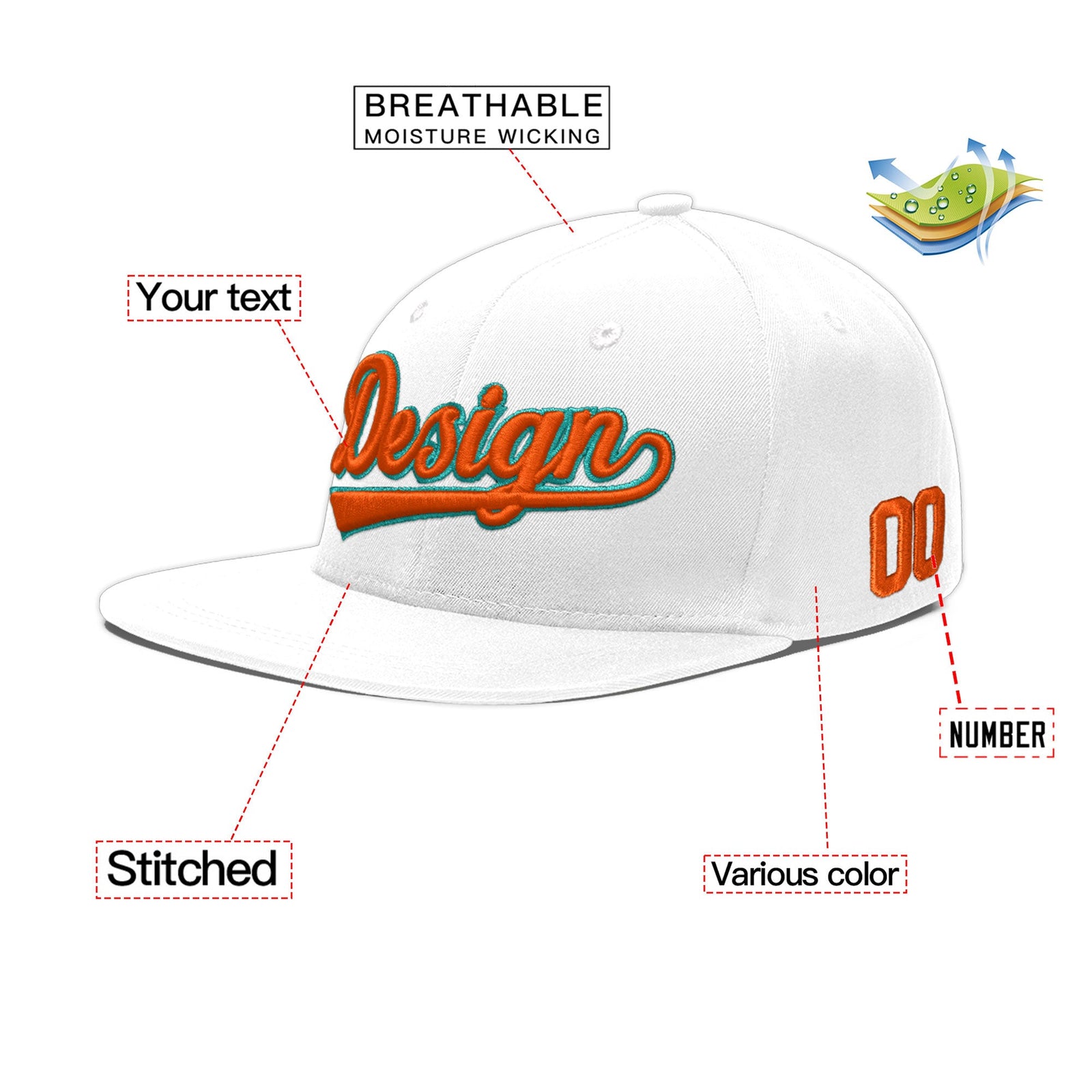 Custom White 3D Puff Embroidery Flat Embroidery Casual Sport Baseball Cap