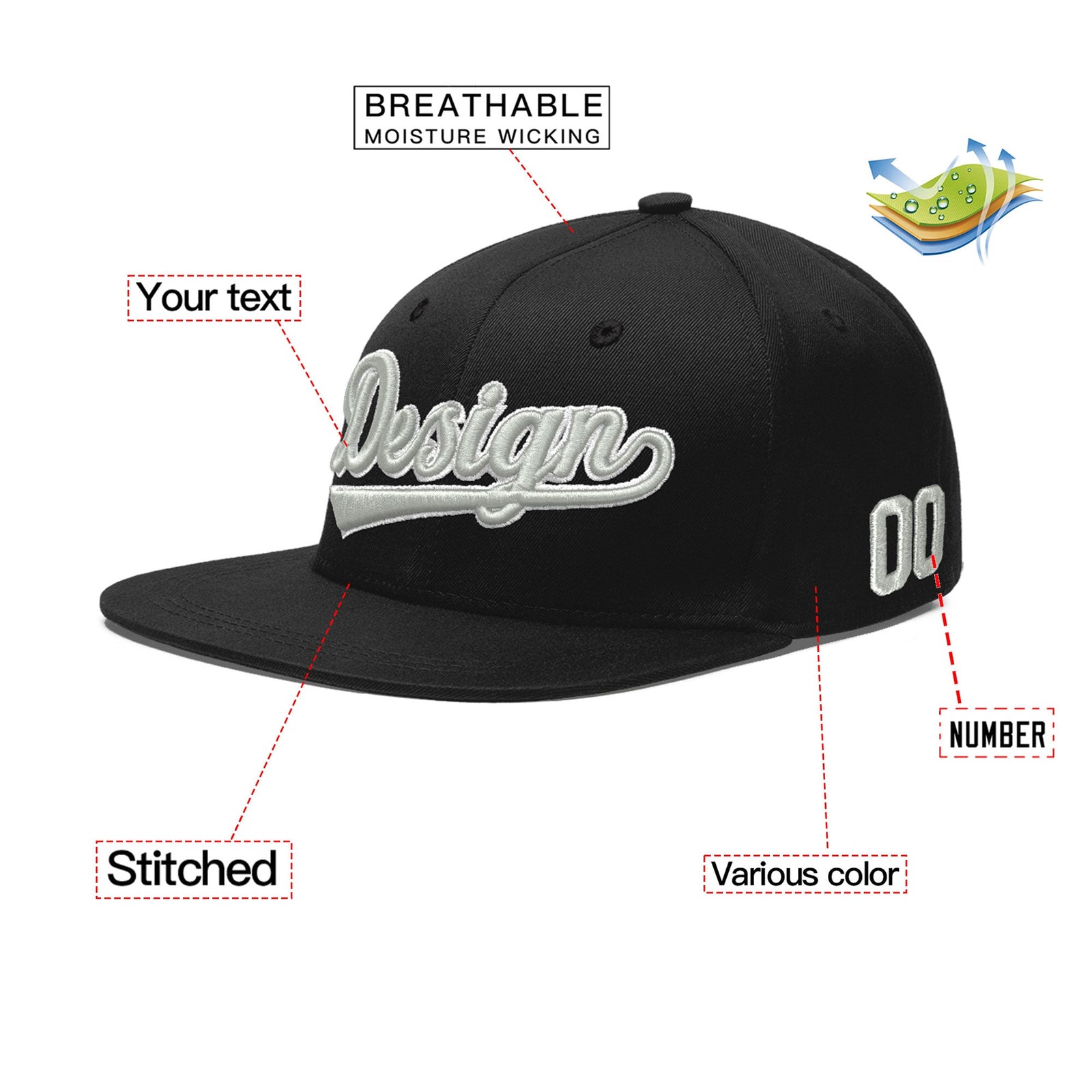 Custom Black 3D Puff Embroidery Flat Embroidery Casual Sport Baseball Cap