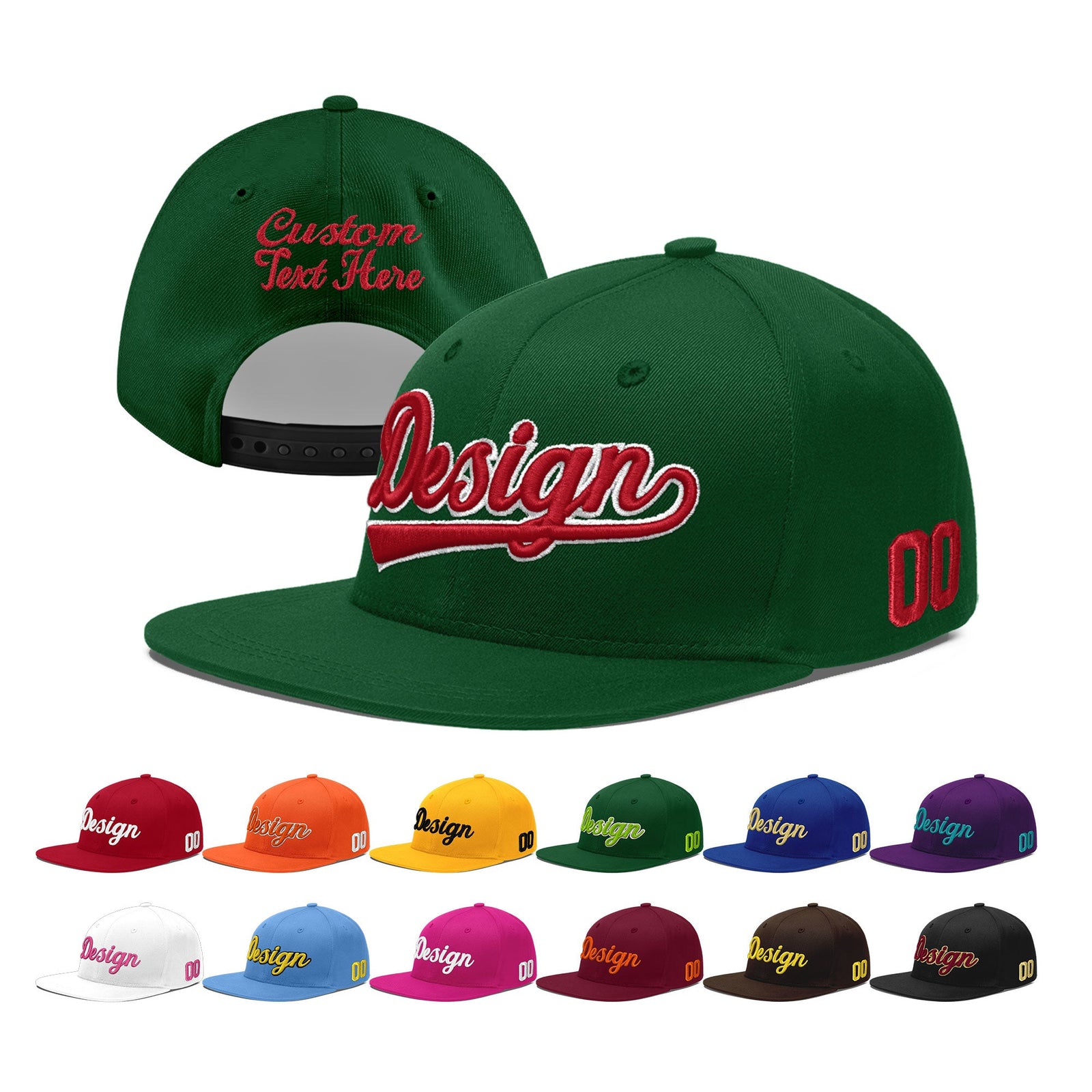 Custom Green 3D Puff Embroidery Flat Embroidery Casual Sport Baseball Cap