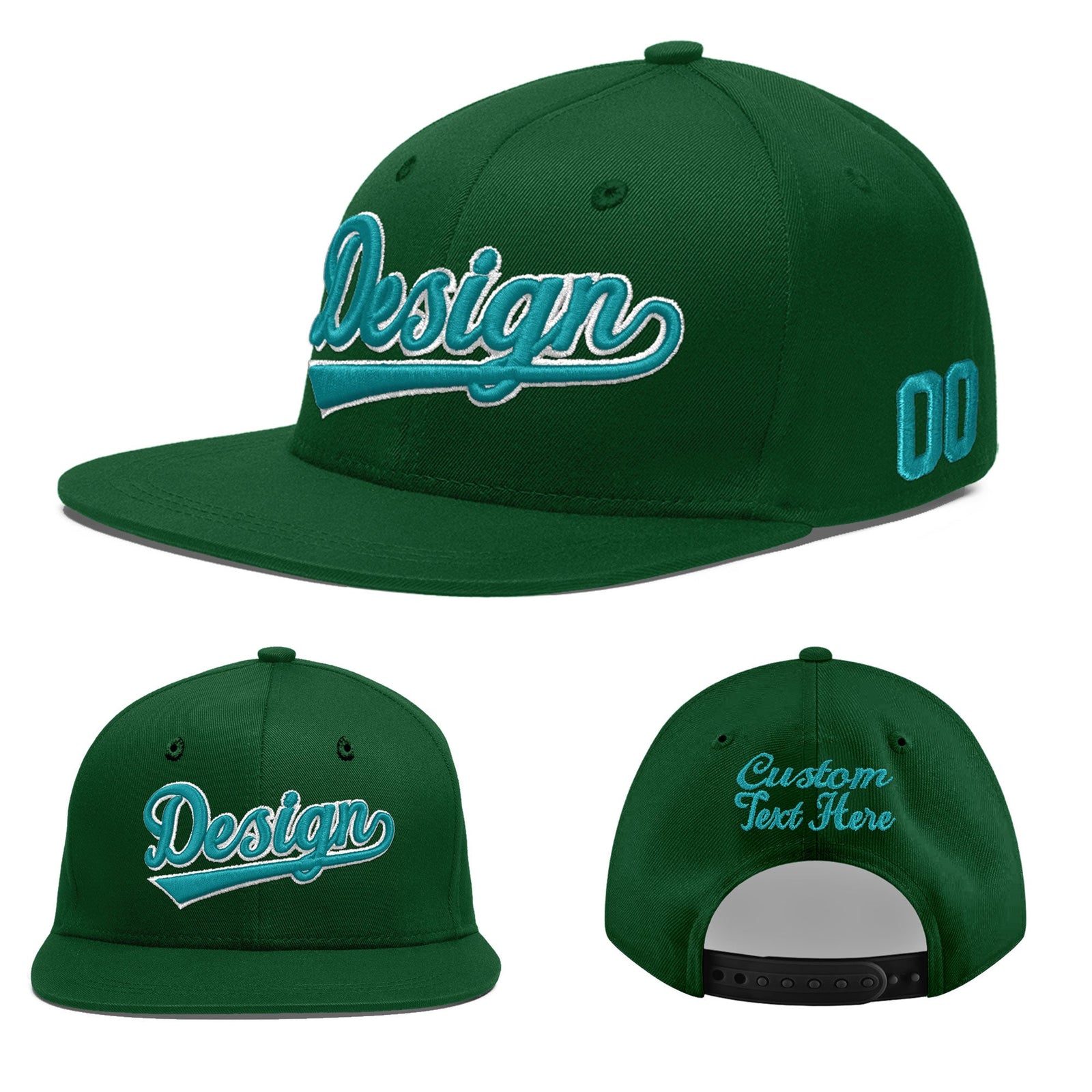 Custom Green 3D Puff Embroidery Flat Embroidery Casual Sport Baseball Cap