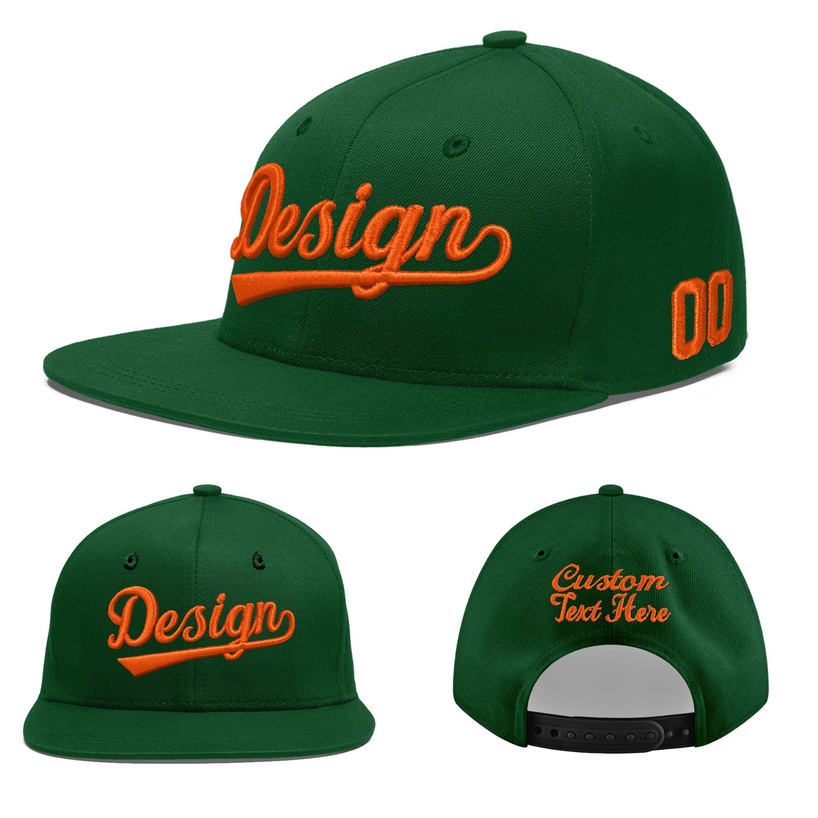 Custom Green 3D Puff Embroidery Flat Embroidery Casual Sport Baseball Cap