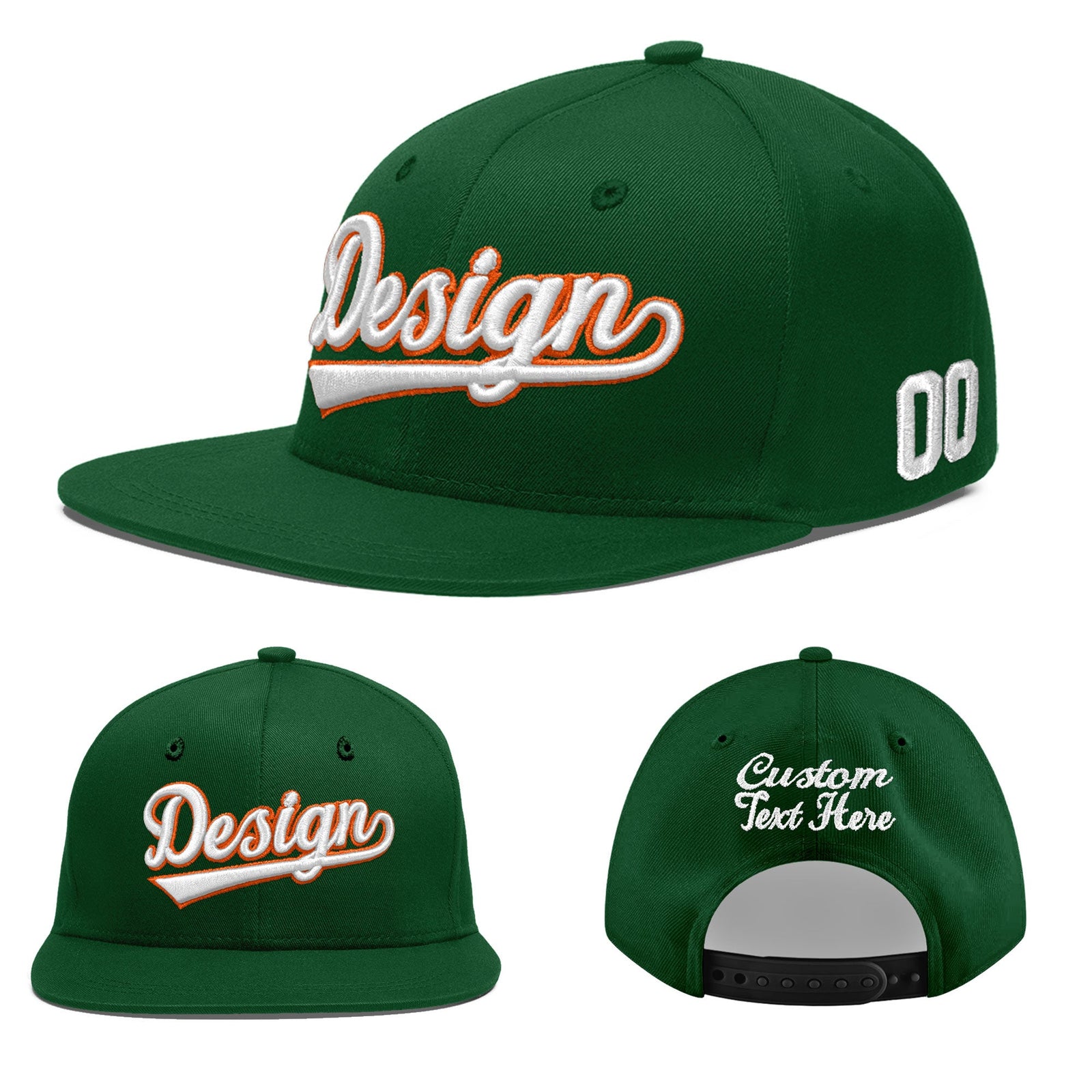 Custom Green 3D Puff Embroidery Flat Embroidery Casual Sport Baseball Cap