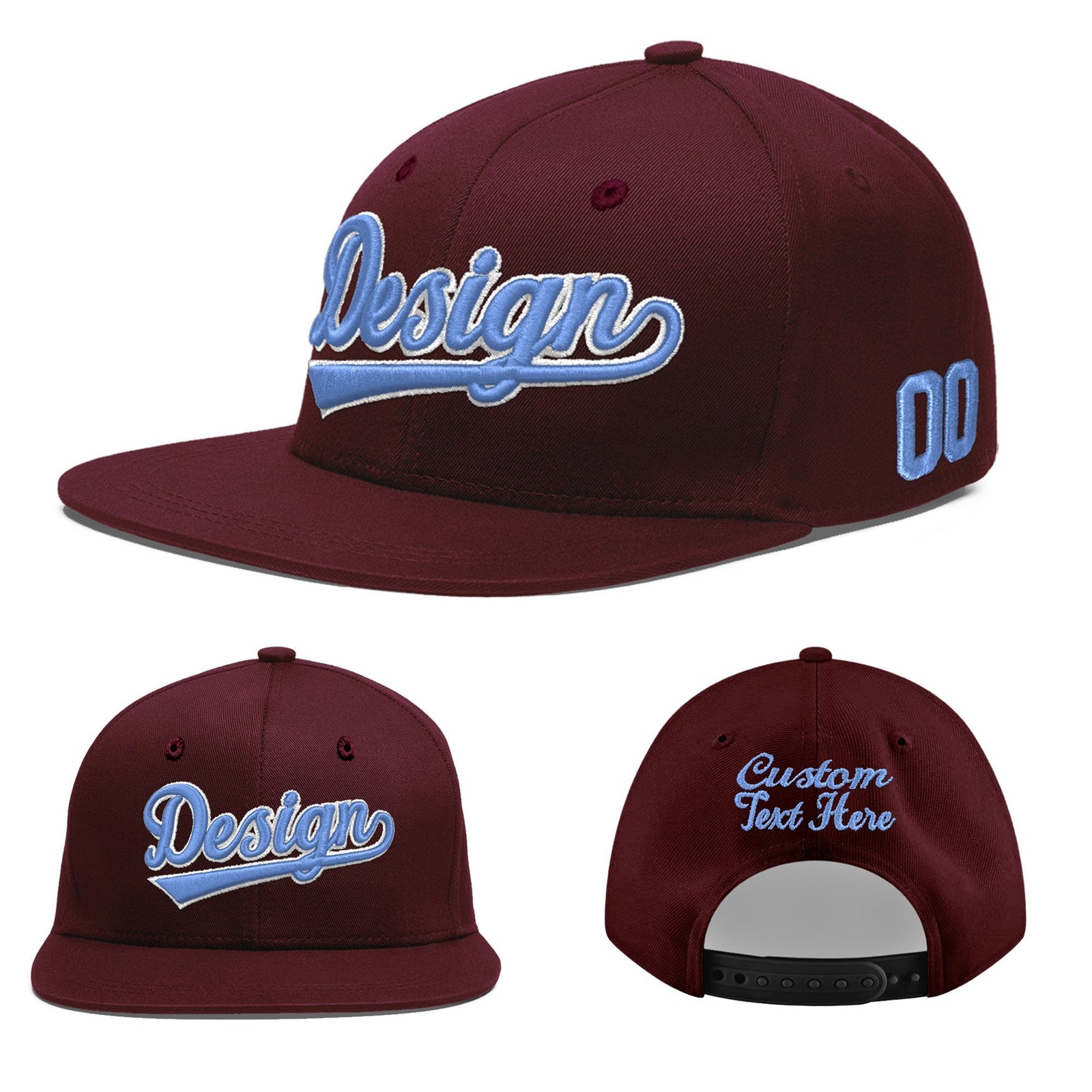Custom Burgundy 3D Puff Embroidery Flat Embroidery Casual Sport Baseball Cap