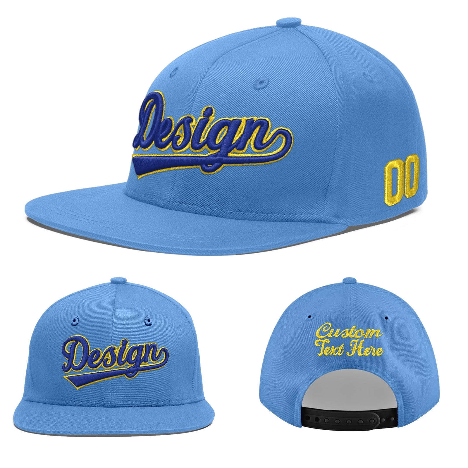 Custom Powder Blue 3D Puff Embroidery Flat Embroidery Casual Sport Baseball Cap