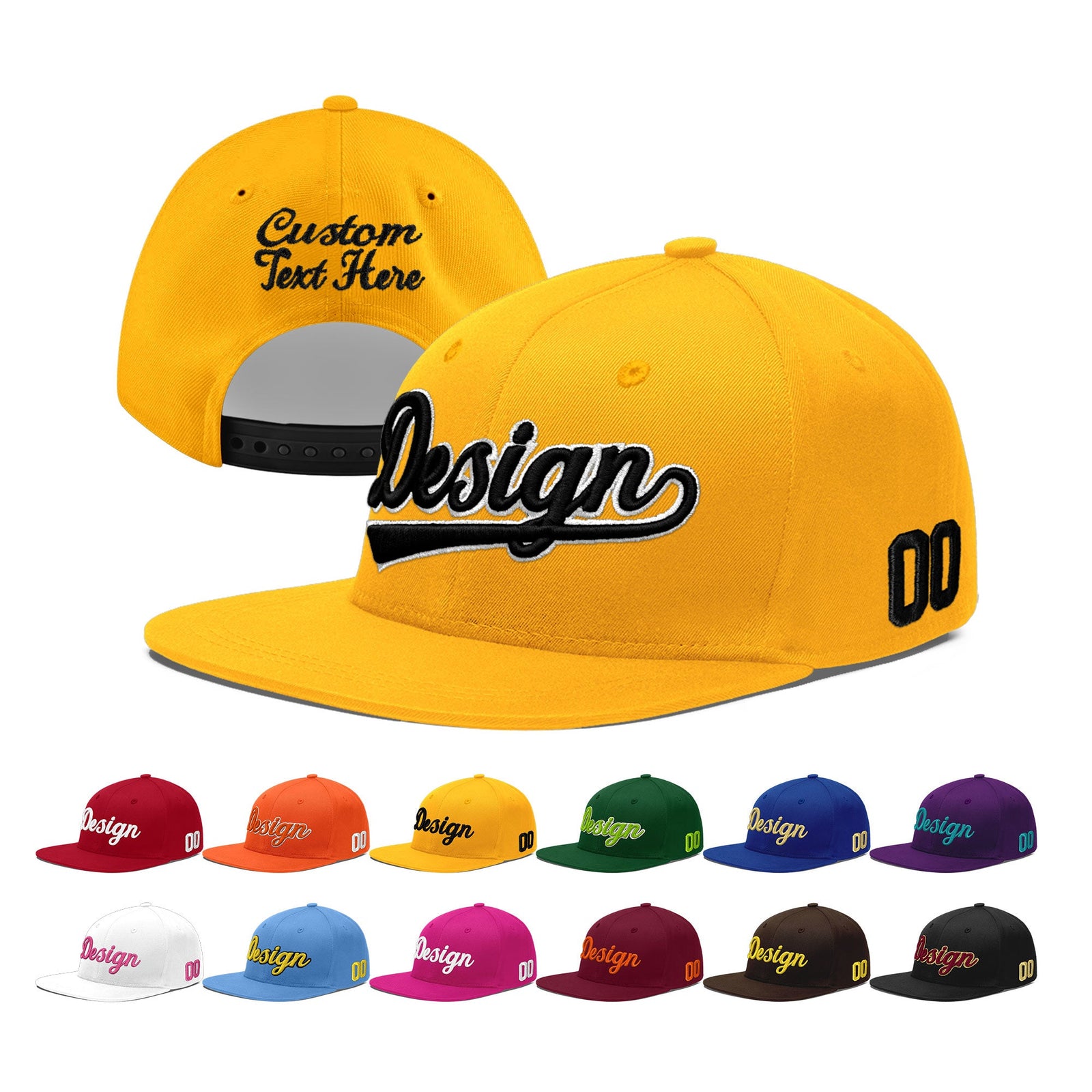 Custom Yellow 3D Puff Embroidery Flat Embroidery Casual Sport Baseball Cap