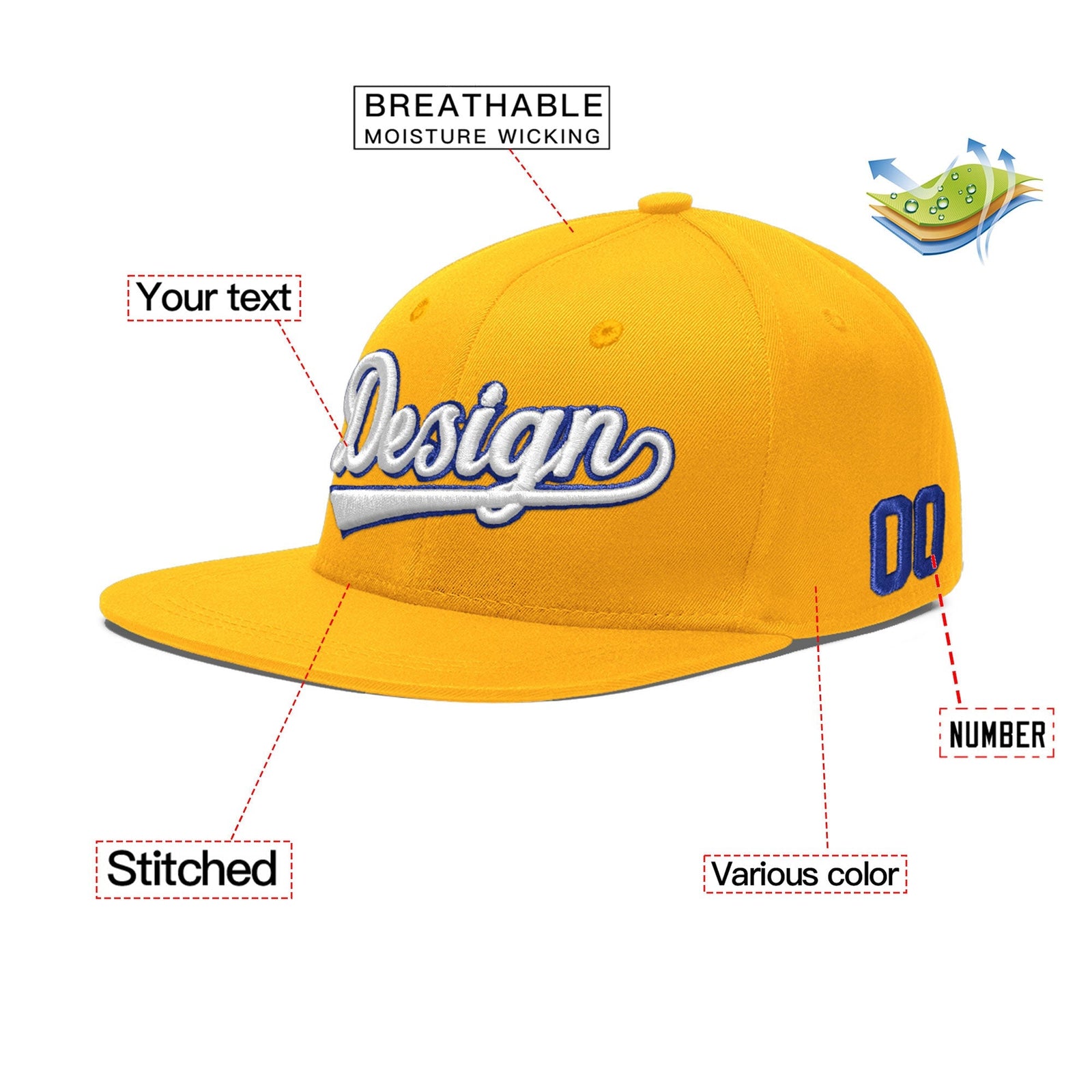 Custom Yellow 3D Puff Embroidery Flat Embroidery Casual Sport Baseball Cap