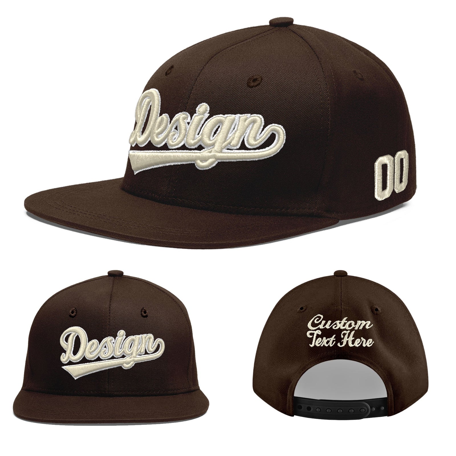 Custom Brown 3D Puff Embroidery Flat Embroidery Casual Sport Baseball Cap