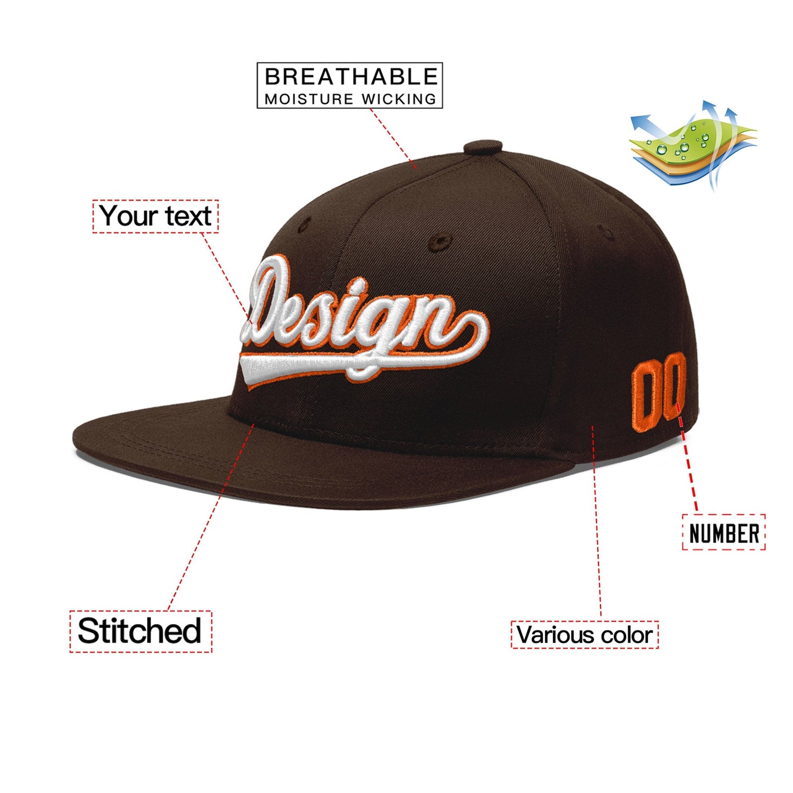 Custom Brown 3D Puff Embroidery Flat Embroidery Casual Sport Baseball Cap