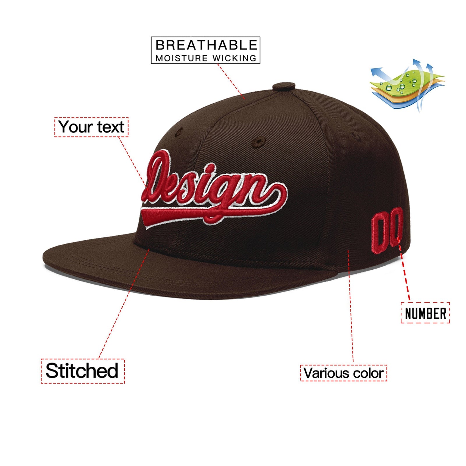 Custom Brown 3D Puff Embroidery Flat Embroidery Casual Sport Baseball Cap