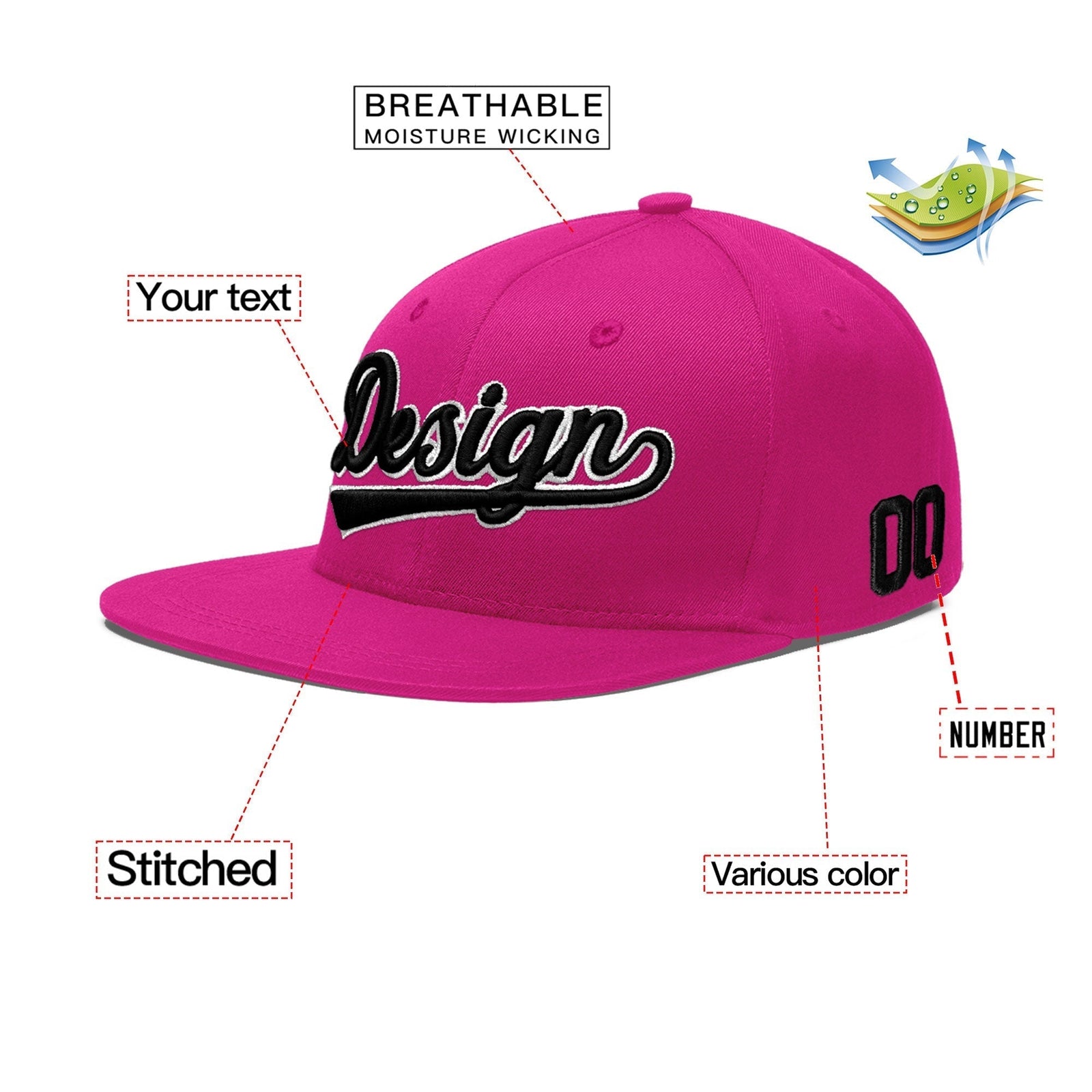 Custom Rose Red 3D Puff Embroidery Flat Embroidery Casual Sport Baseball Cap