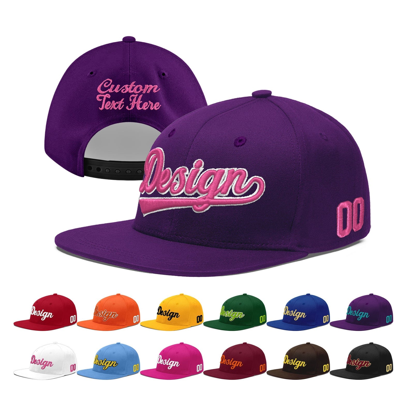 Custom Purple 3D Puff Embroidery Flat Embroidery Casual Sport Baseball Cap