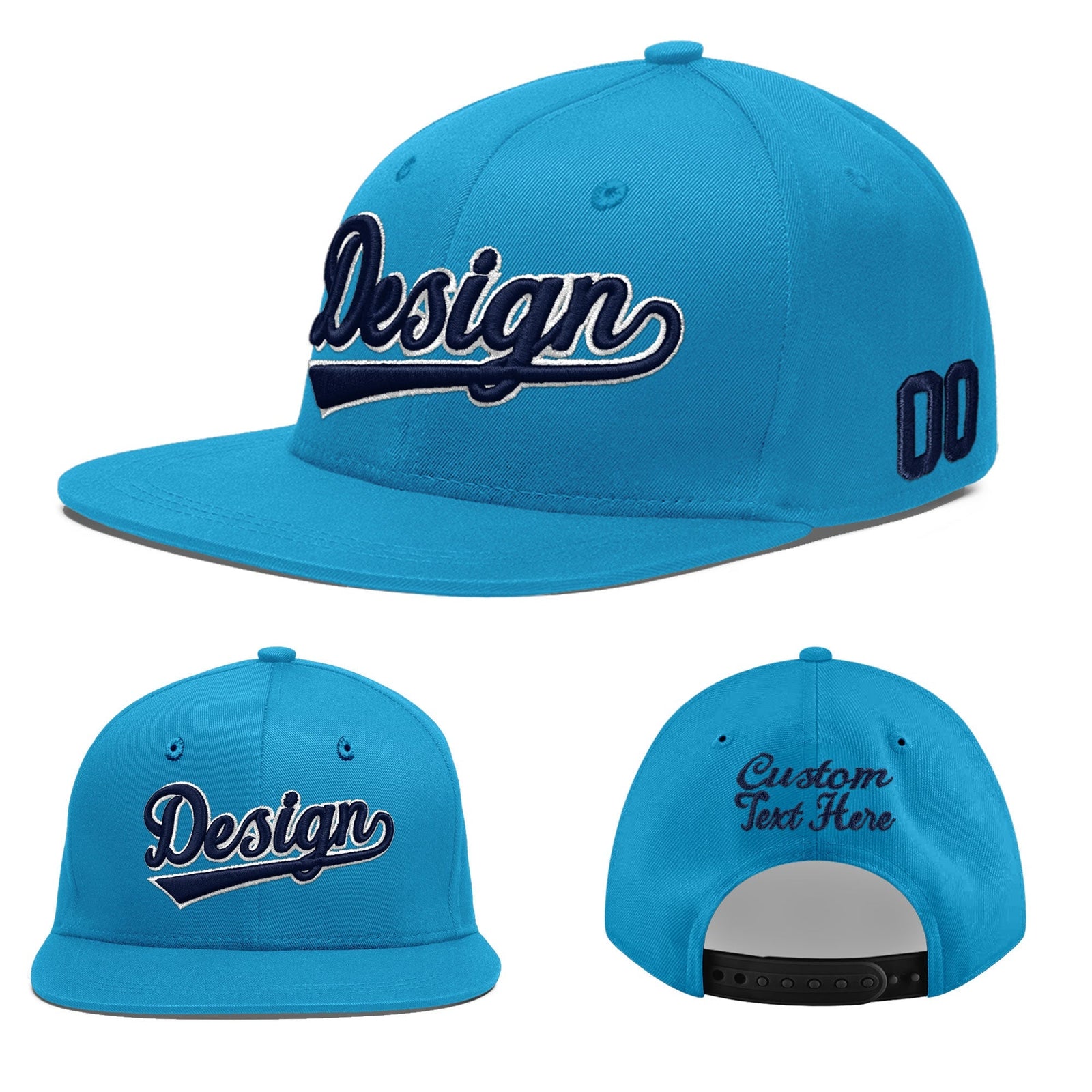 Custom Light Blue 3D Puff Embroidery Flat Embroidery Casual Sport Baseball Cap