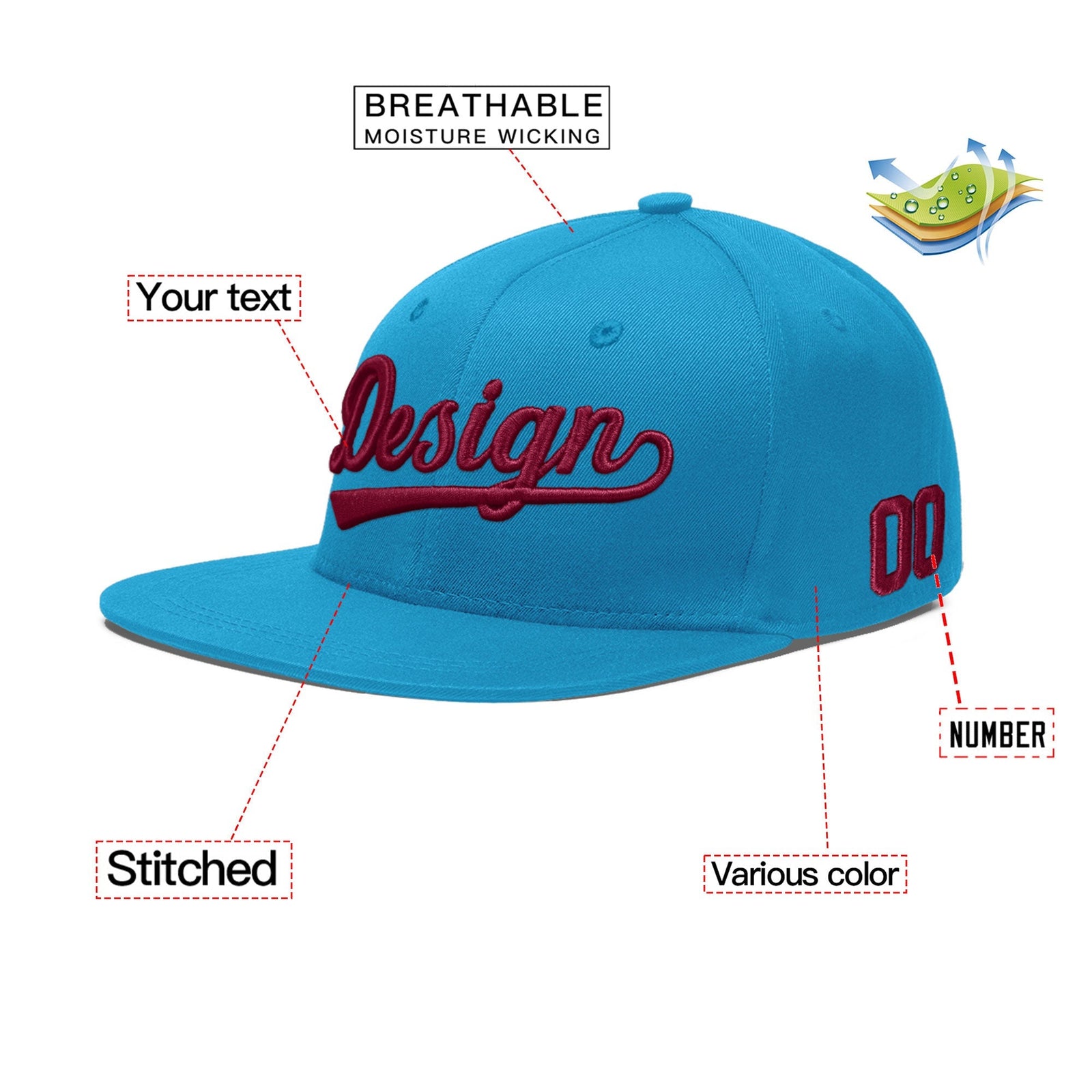 Custom Light Blue 3D Puff Embroidery Flat Embroidery Casual Sport Baseball Cap