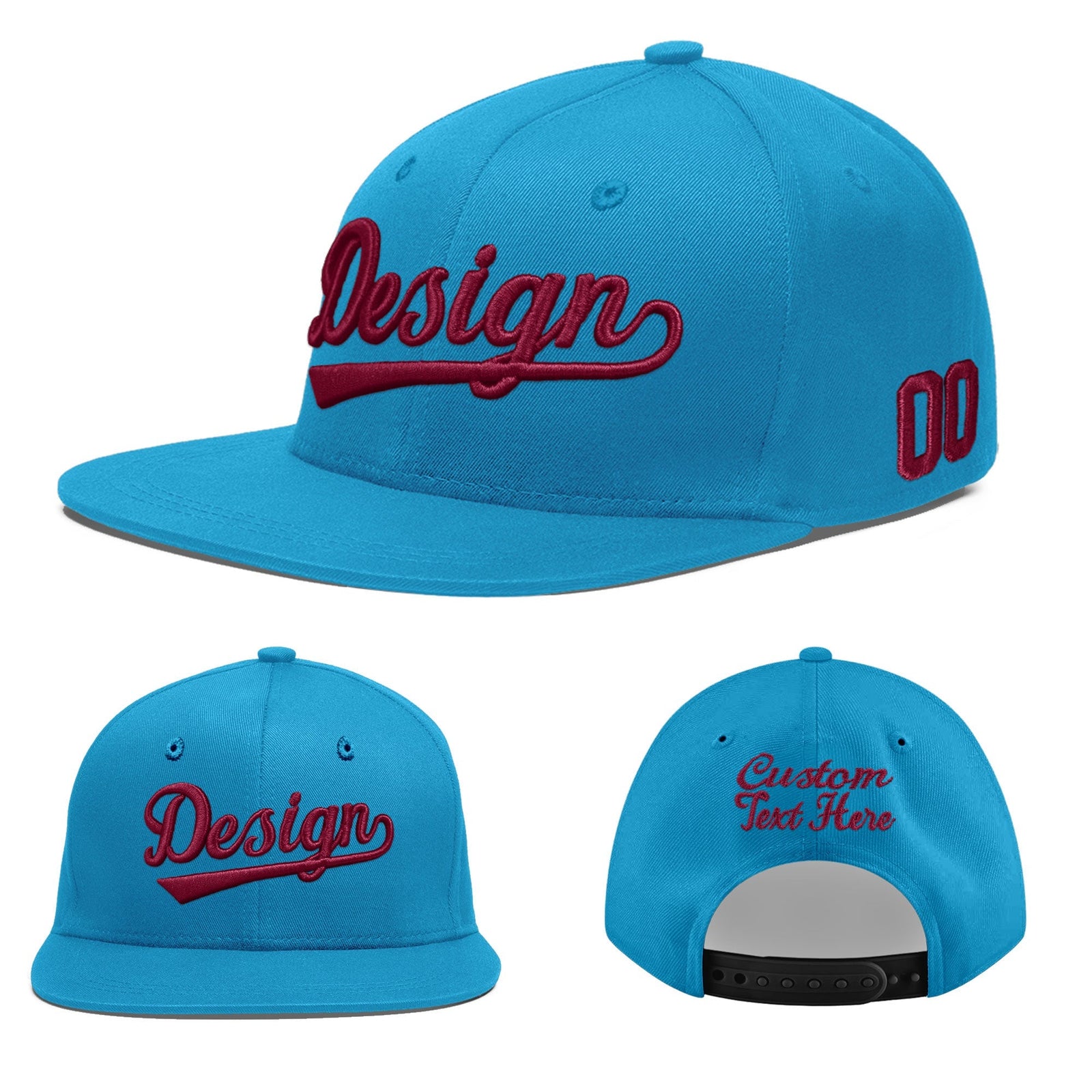 Custom Light Blue 3D Puff Embroidery Flat Embroidery Casual Sport Baseball Cap