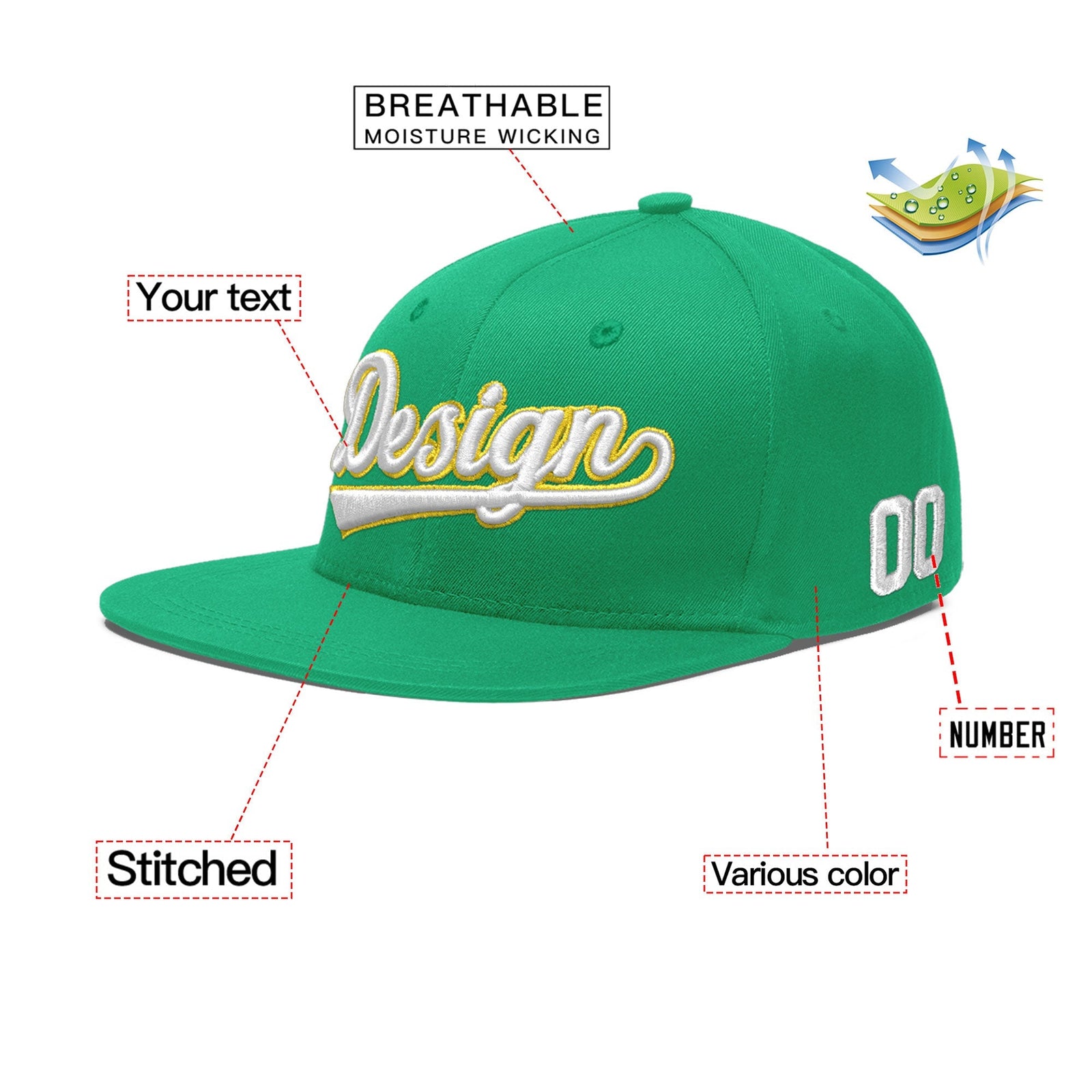 Custom Aqua 3D Puff Embroidery Flat Embroidery Casual Sport Baseball Cap