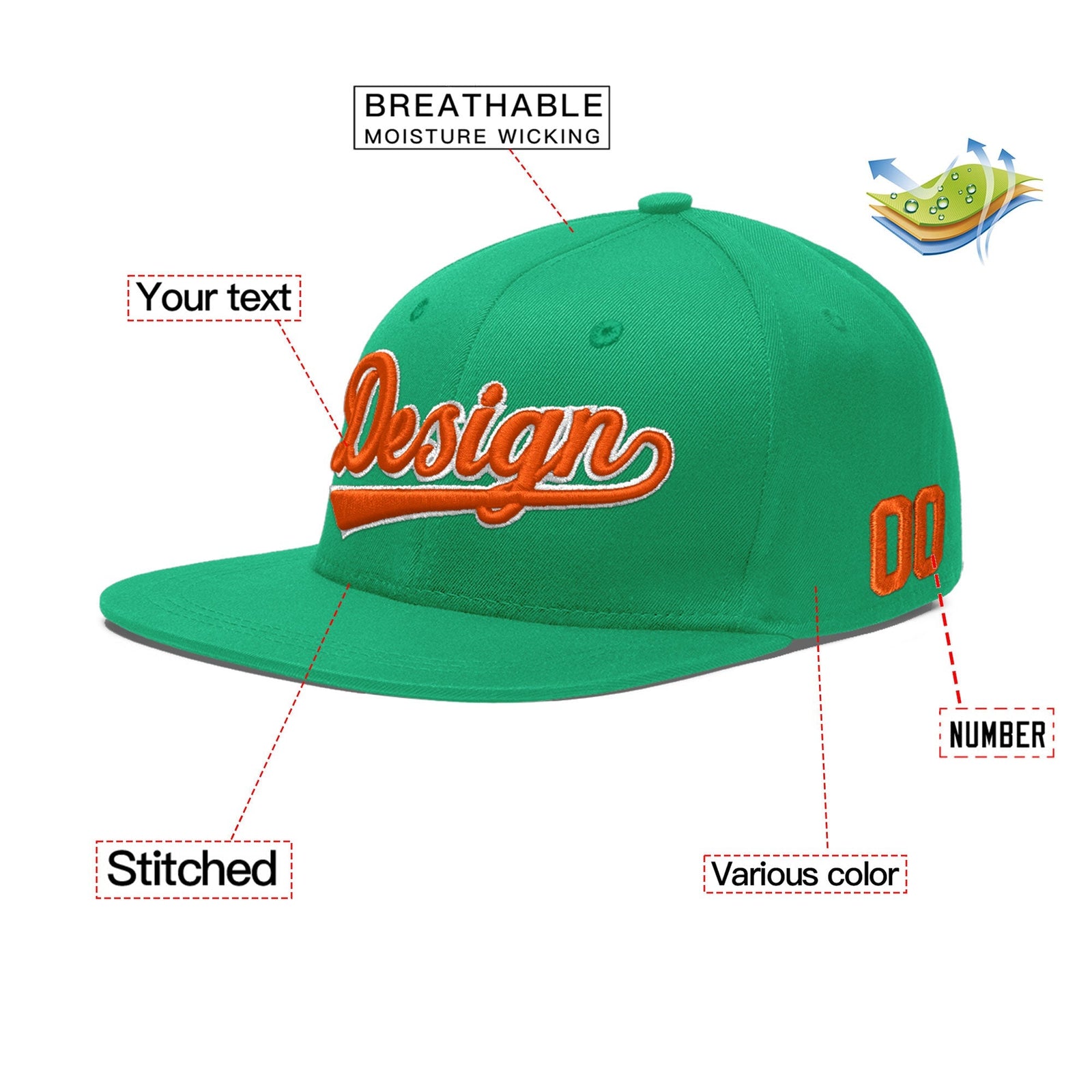 Custom Aqua 3D Puff Embroidery Flat Embroidery Casual Sport Baseball Cap