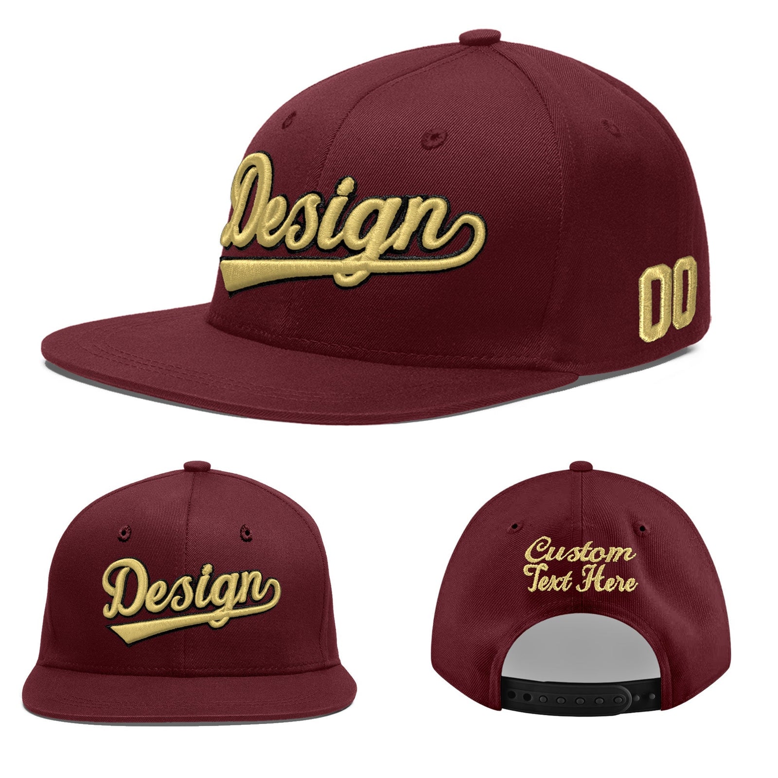 Custom Maroon 3D Puff Embroidery Flat Embroidery Casual Sport Baseball Cap