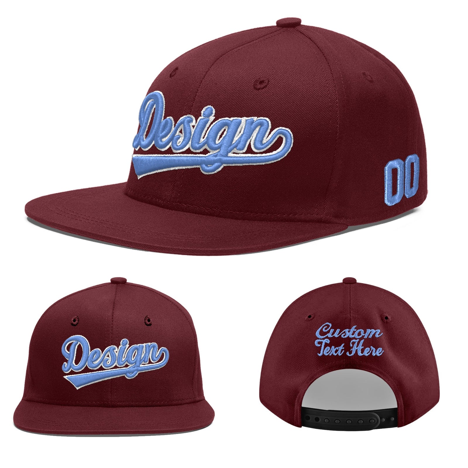 Custom Maroon 3D Puff Embroidery Flat Embroidery Casual Sport Baseball Cap
