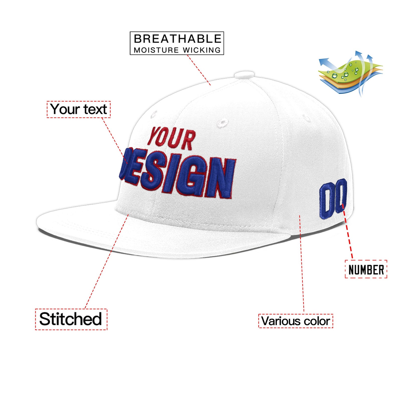 Custom White 3D Puff Embroidery Flat Embroidery Casual Sport Baseball Cap