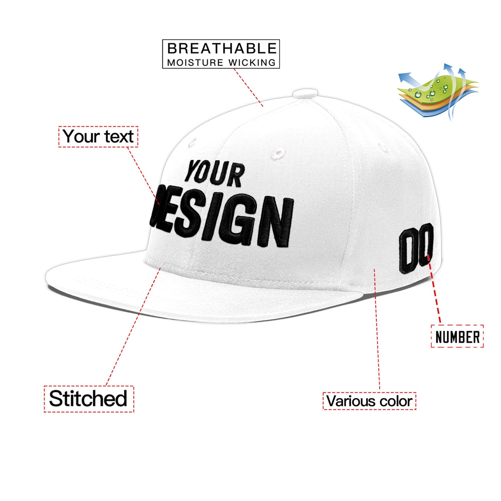Custom White 3D Puff Embroidery Flat Embroidery Casual Sport Baseball Cap