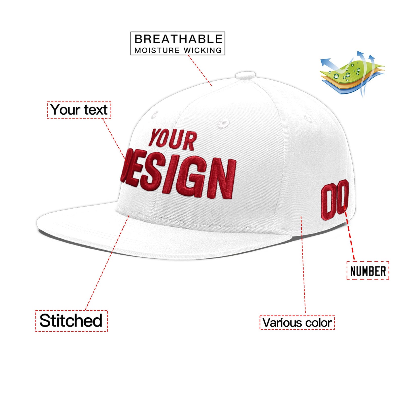 Custom White 3D Puff Embroidery Flat Embroidery Casual Sport Baseball Cap