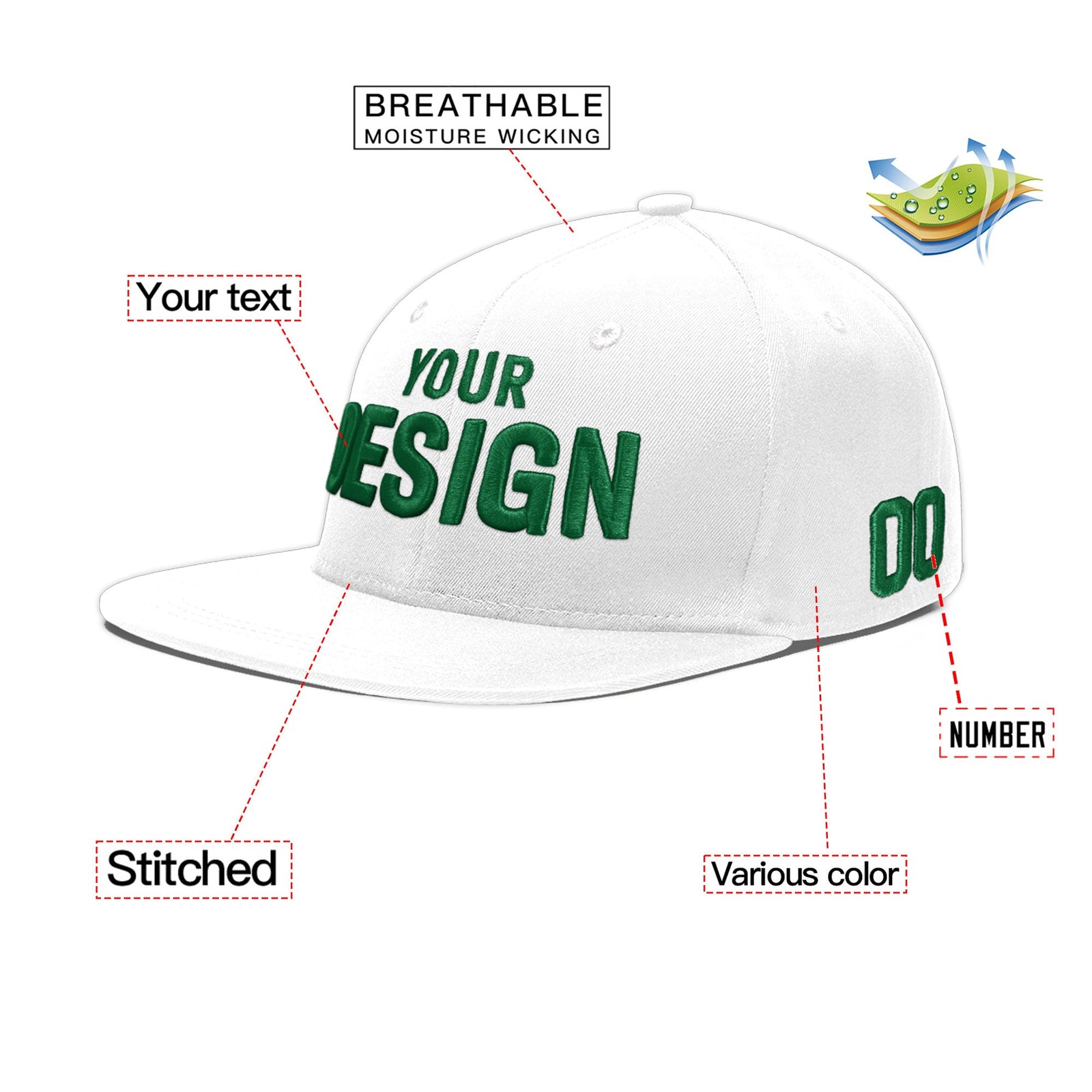 Custom White 3D Puff Embroidery Flat Embroidery Casual Sport Baseball Cap