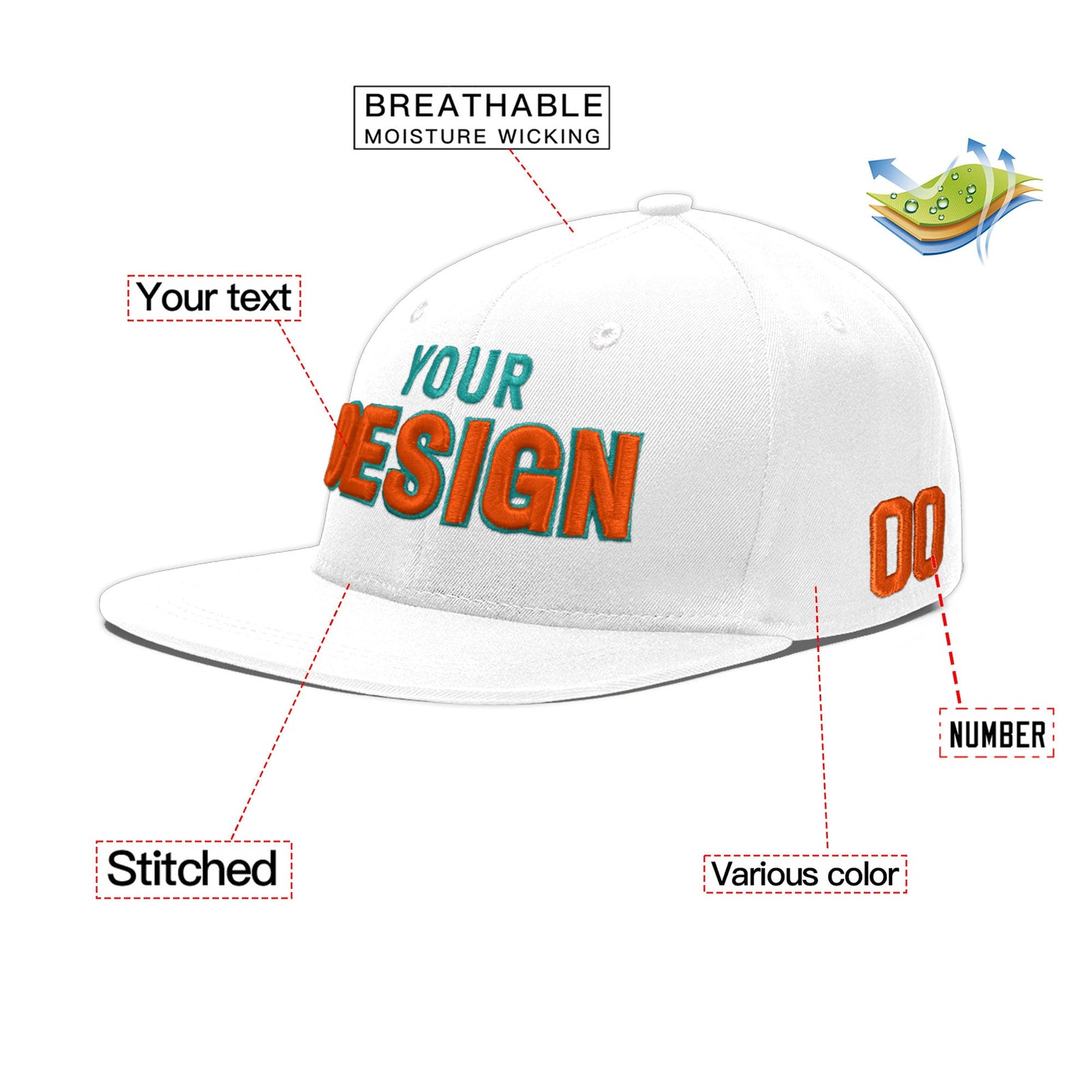 Custom White 3D Puff Embroidery Flat Embroidery Casual Sport Baseball Cap