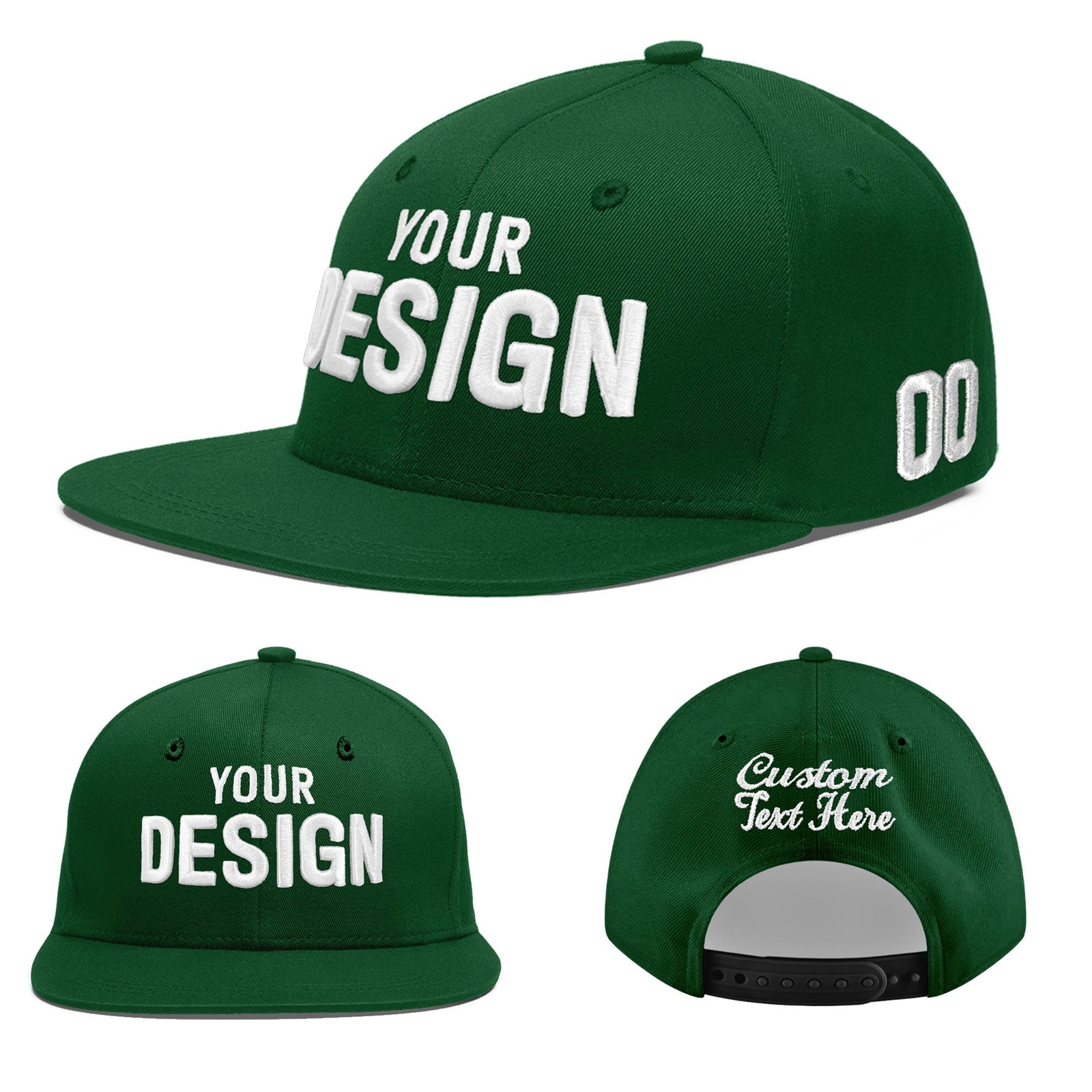 Custom Green 3D Puff Embroidery Flat Embroidery Casual Sport Baseball Cap