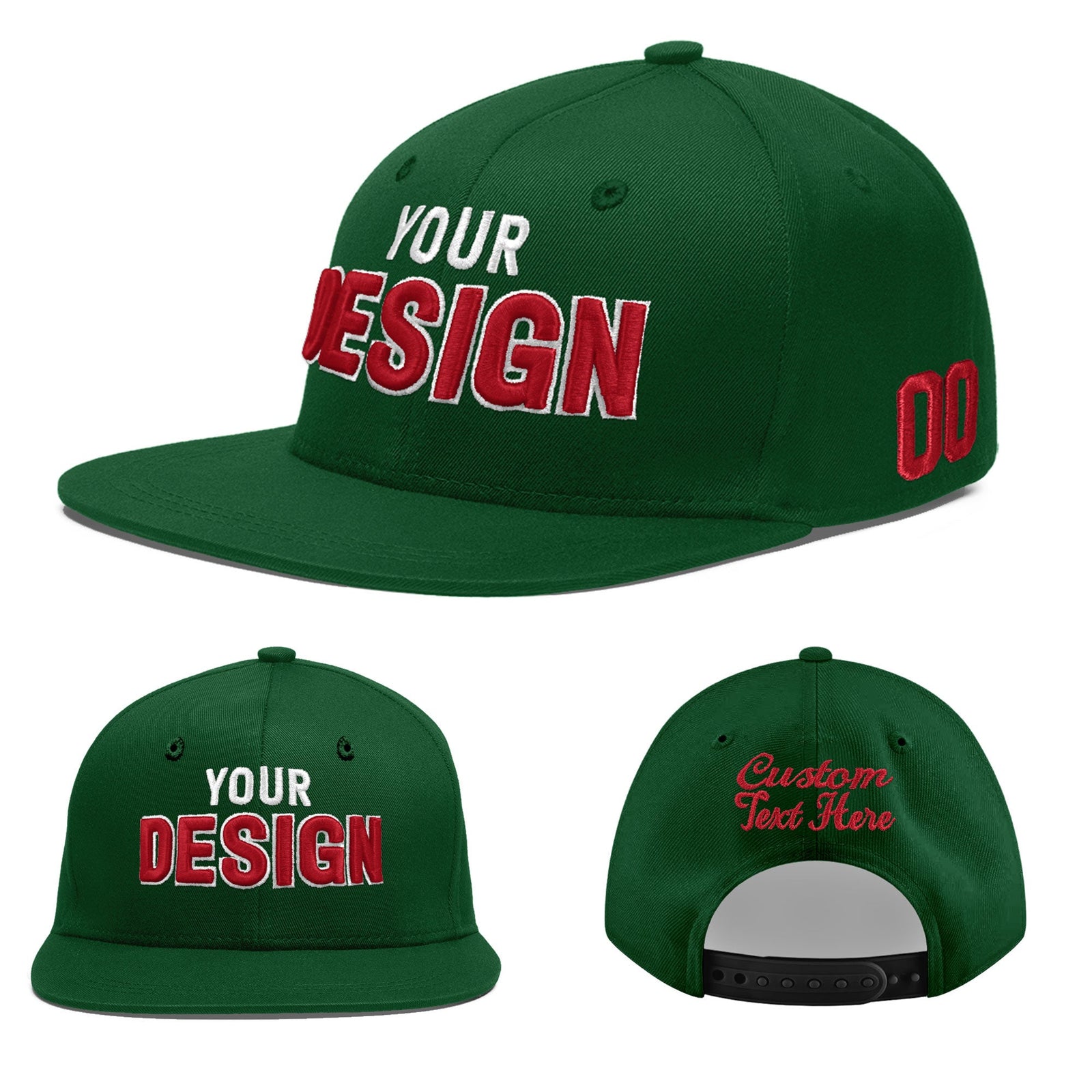 Custom Green 3D Puff Embroidery Flat Embroidery Casual Sport Baseball Cap