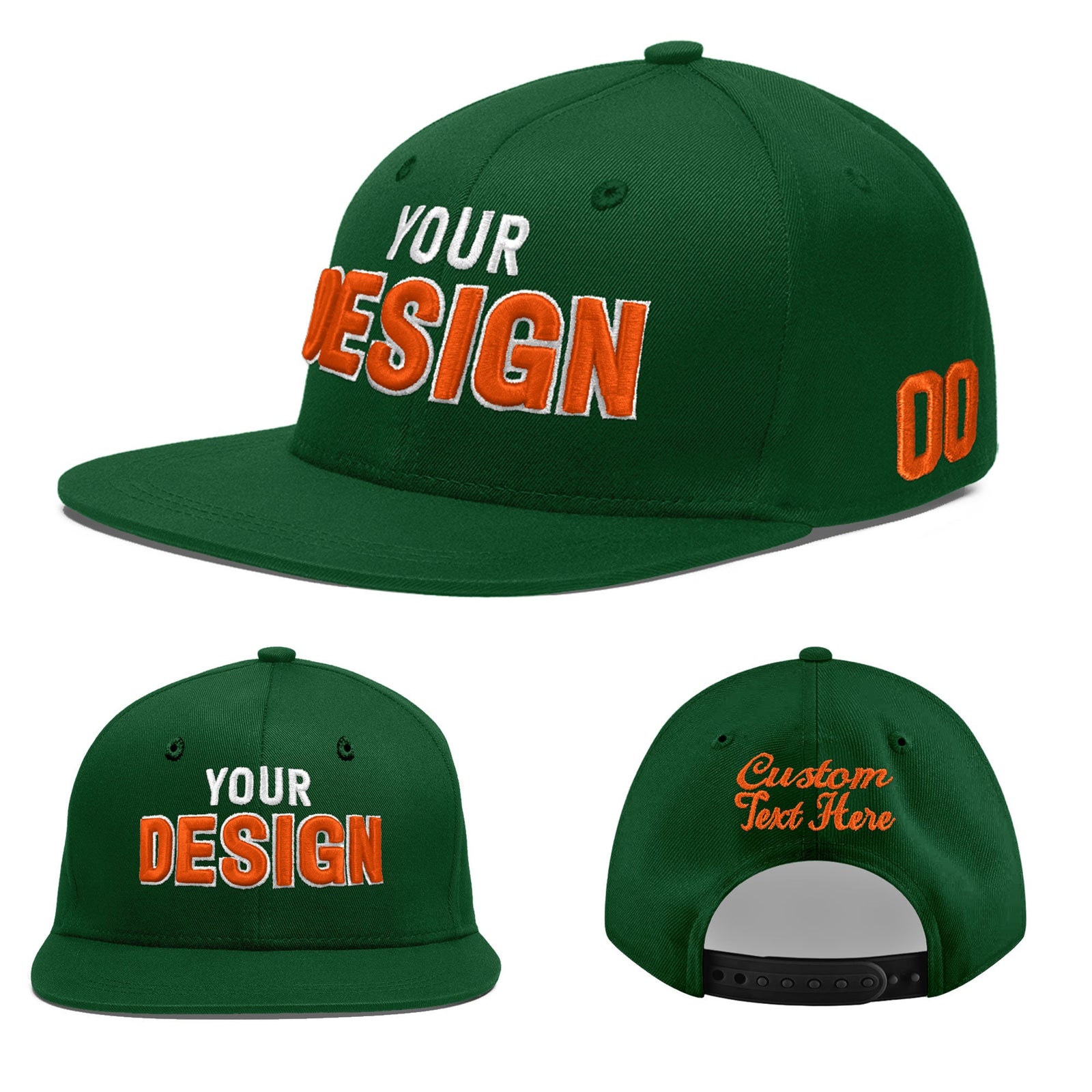 Custom Green 3D Puff Embroidery Flat Embroidery Casual Sport Baseball Cap