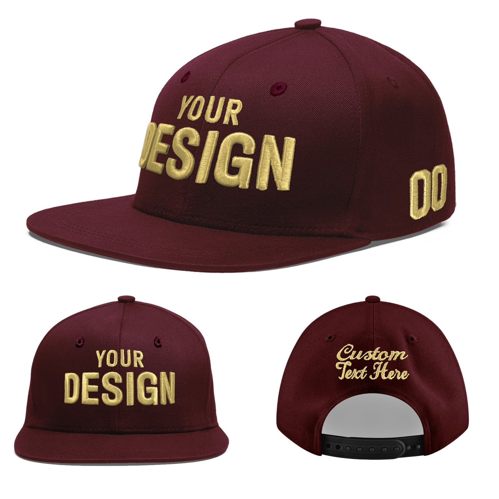 Custom Burgundy 3D Puff Embroidery Flat Embroidery Casual Sport Baseball Cap