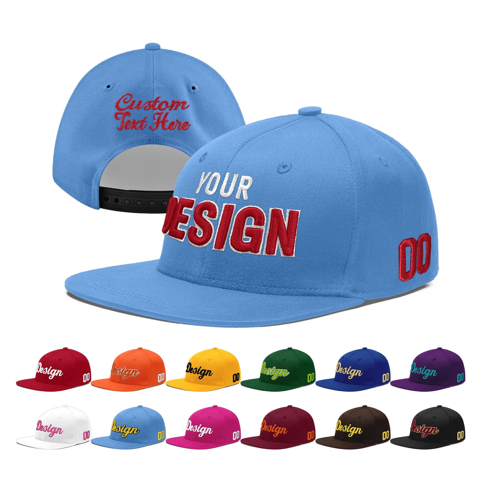 Custom Powder Blue 3D Puff Embroidery Flat Embroidery Casual Sport Baseball Cap
