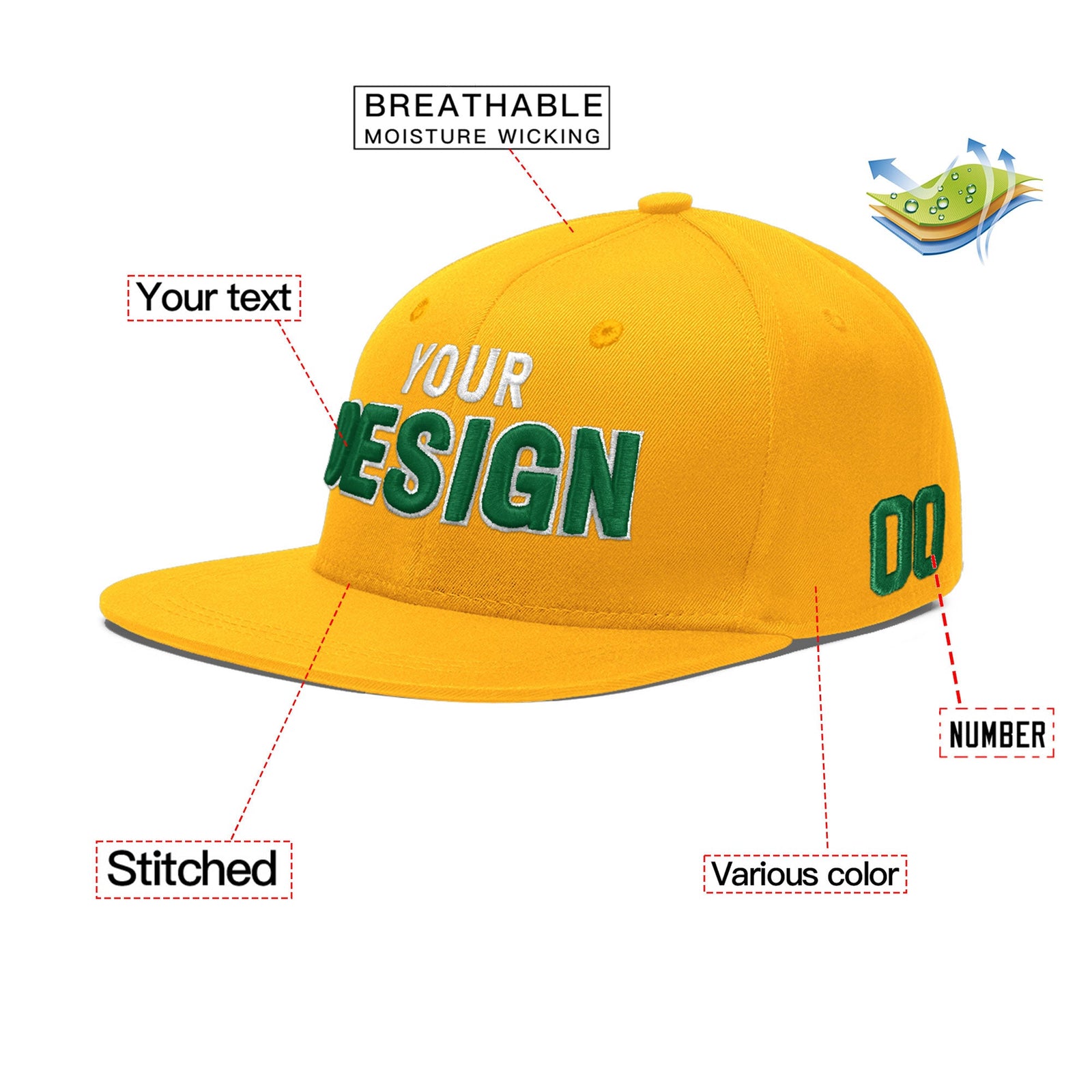 Custom Yellow 3D Puff Embroidery Flat Embroidery Casual Sport Baseball Cap