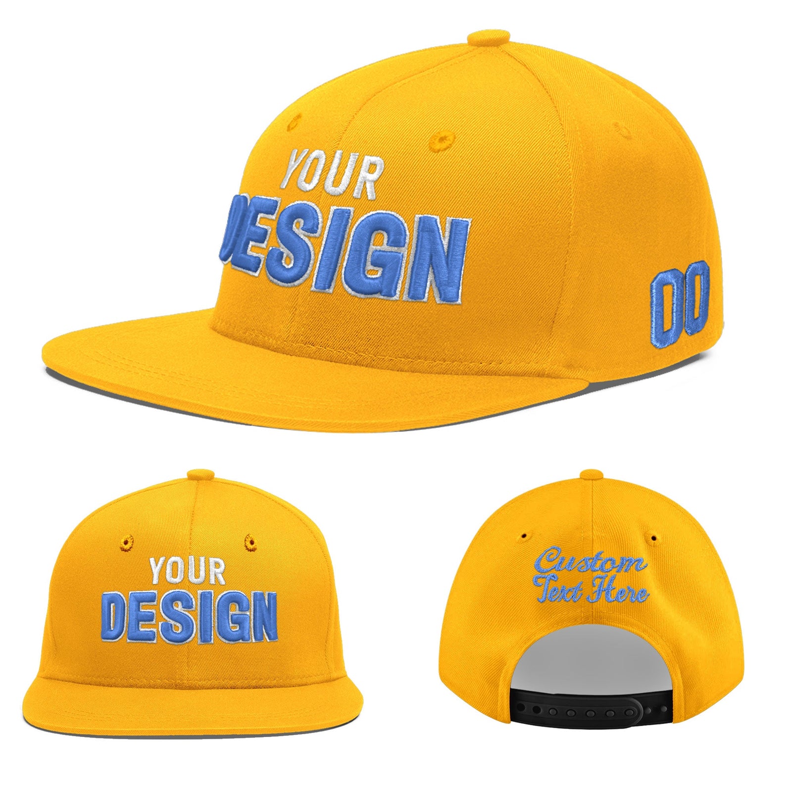 Custom Yellow 3D Puff Embroidery Flat Embroidery Casual Sport Baseball Cap