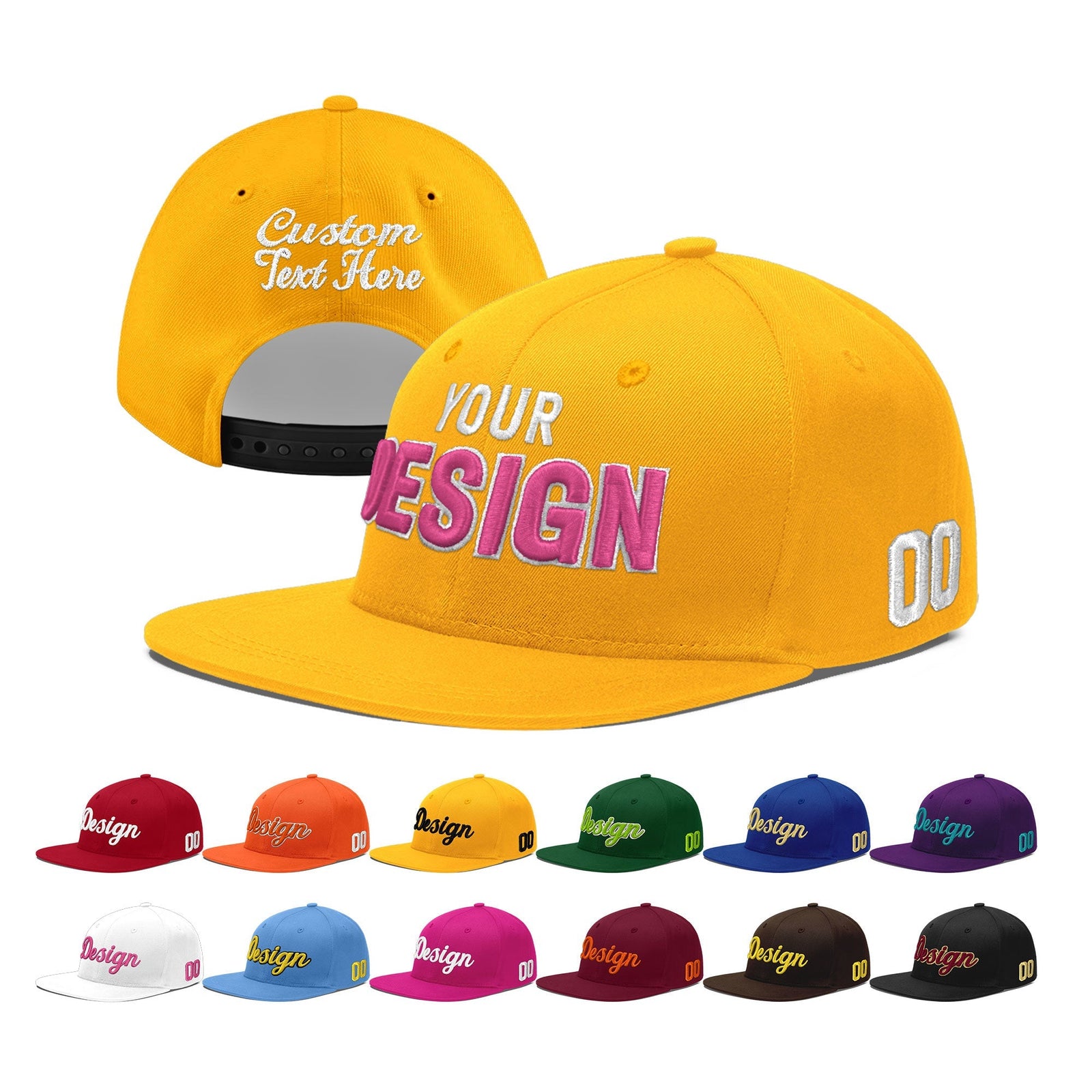 Custom Yellow 3D Puff Embroidery Flat Embroidery Casual Sport Baseball Cap