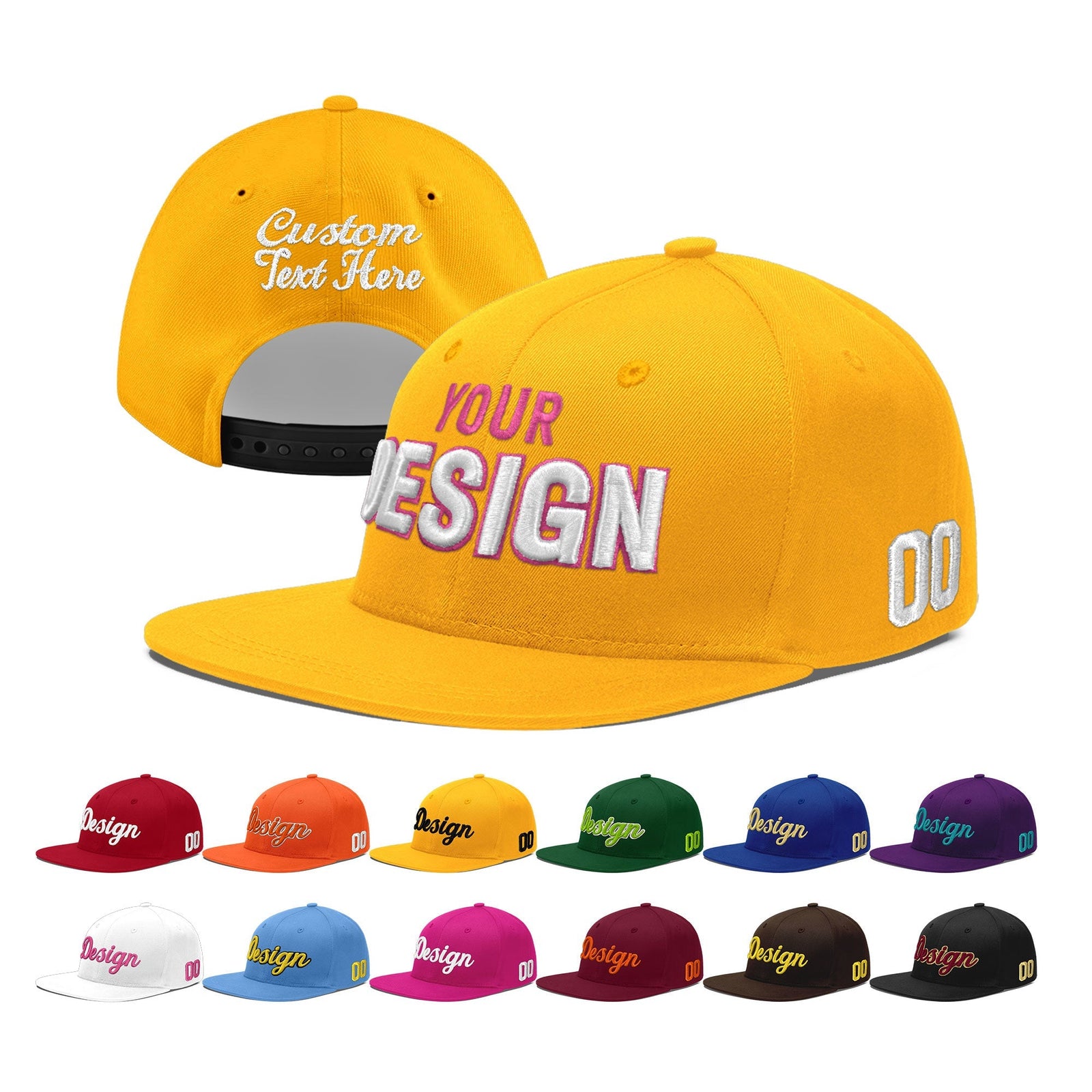 Custom Yellow 3D Puff Embroidery Flat Embroidery Casual Sport Baseball Cap