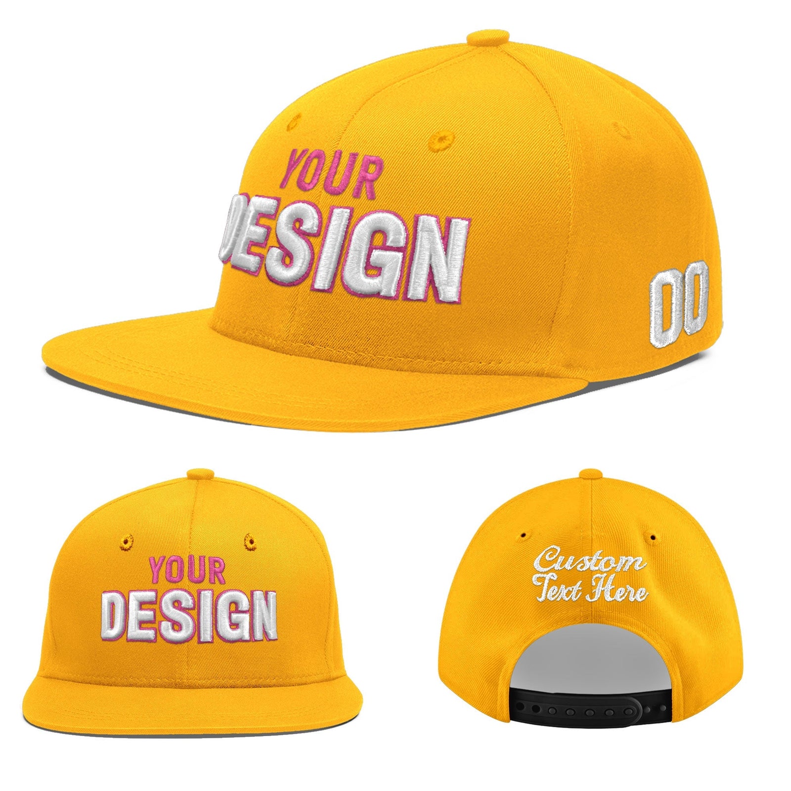 Custom Yellow 3D Puff Embroidery Flat Embroidery Casual Sport Baseball Cap