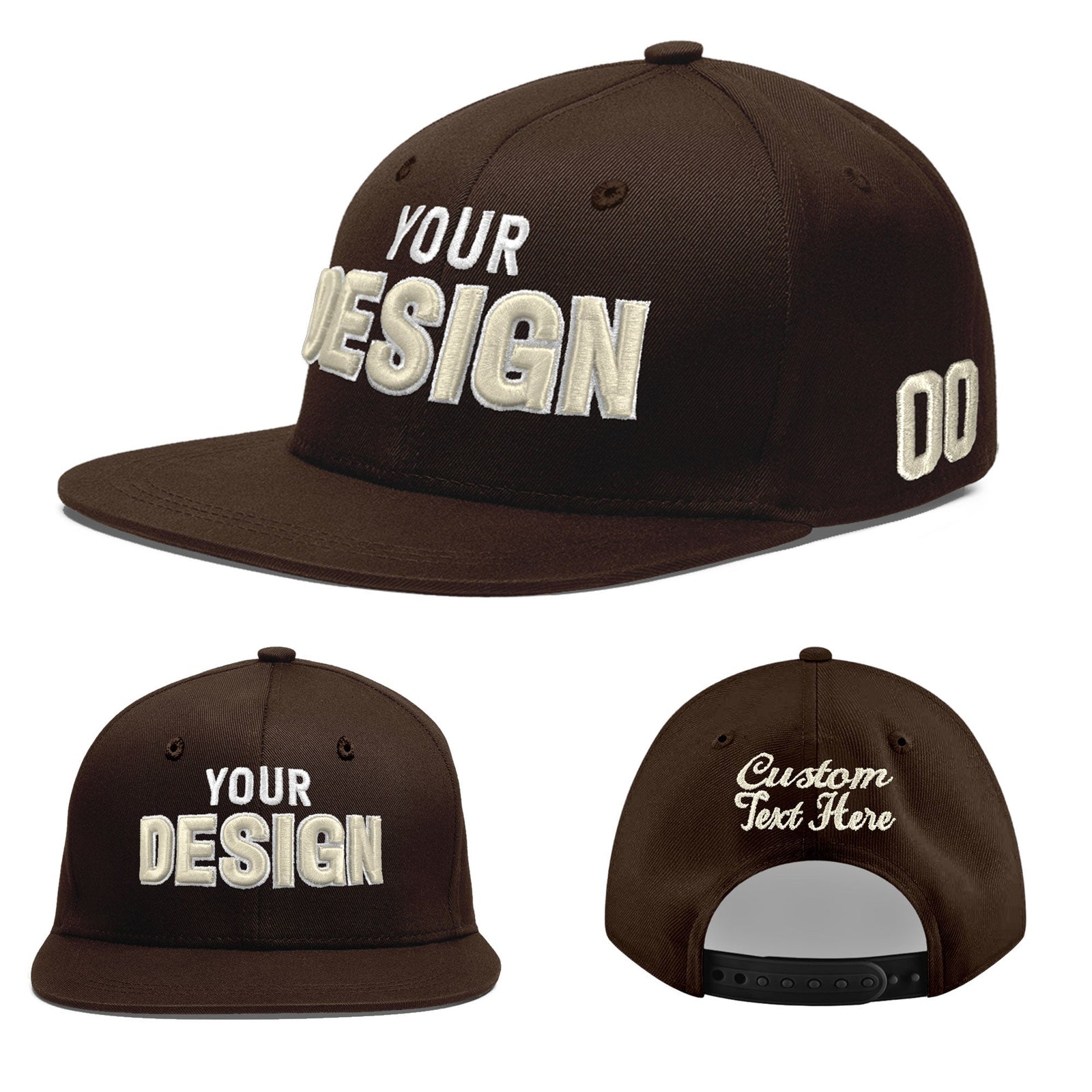 Custom Brown 3D Puff Embroidery Flat Embroidery Casual Sport Baseball Cap