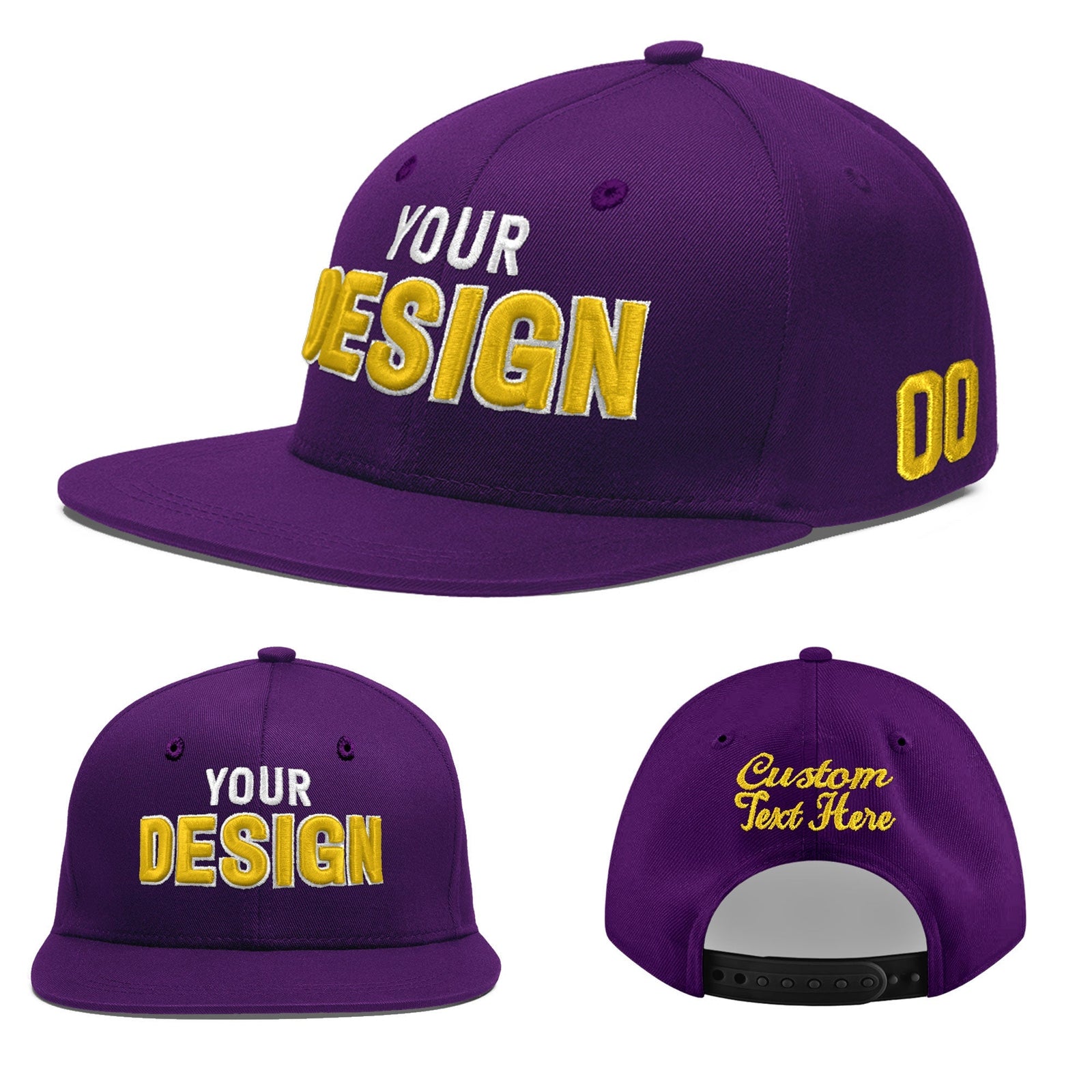 Custom Purple 3D Puff Embroidery Flat Embroidery Casual Sport Baseball Cap