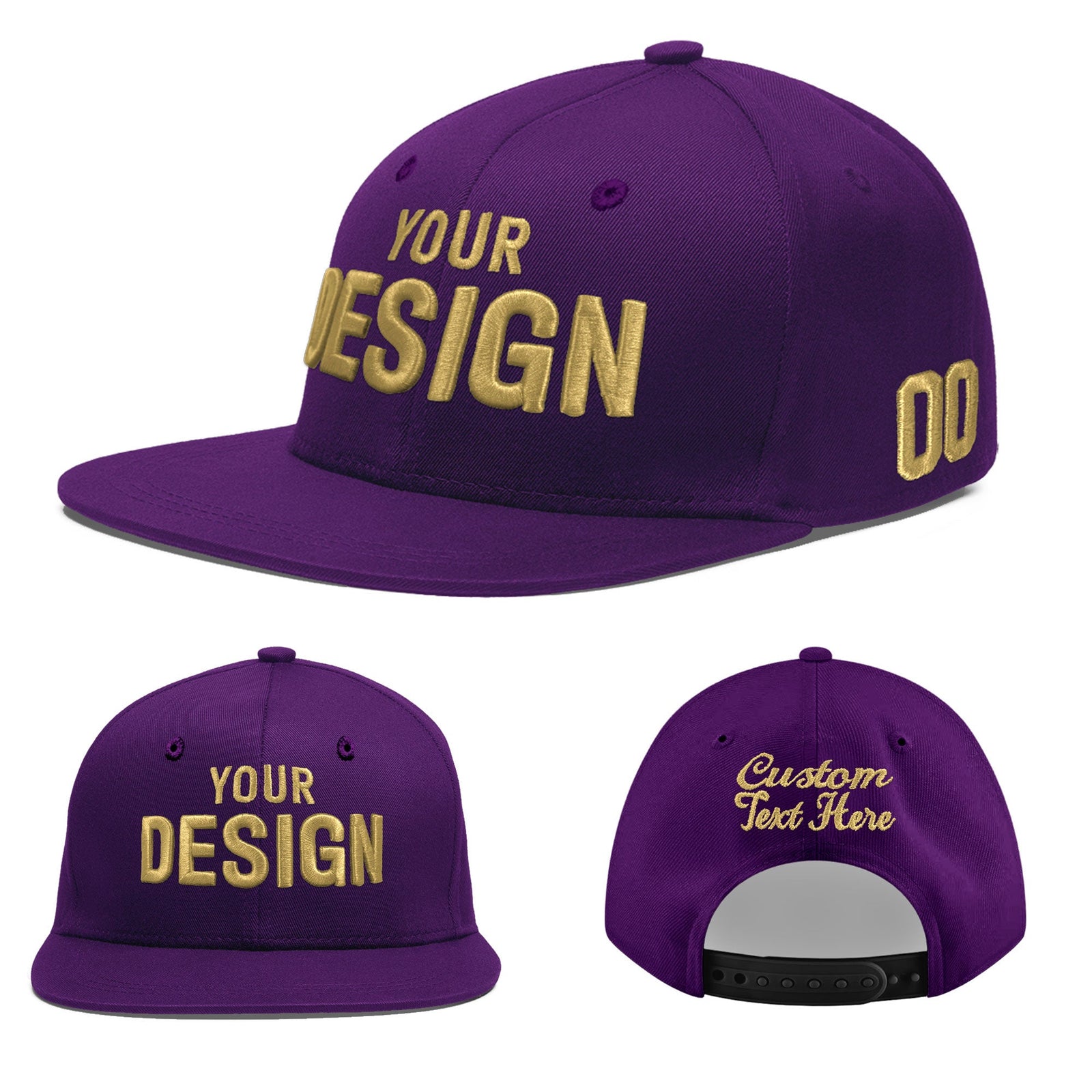 Custom Purple 3D Puff Embroidery Flat Embroidery Casual Sport Baseball Cap
