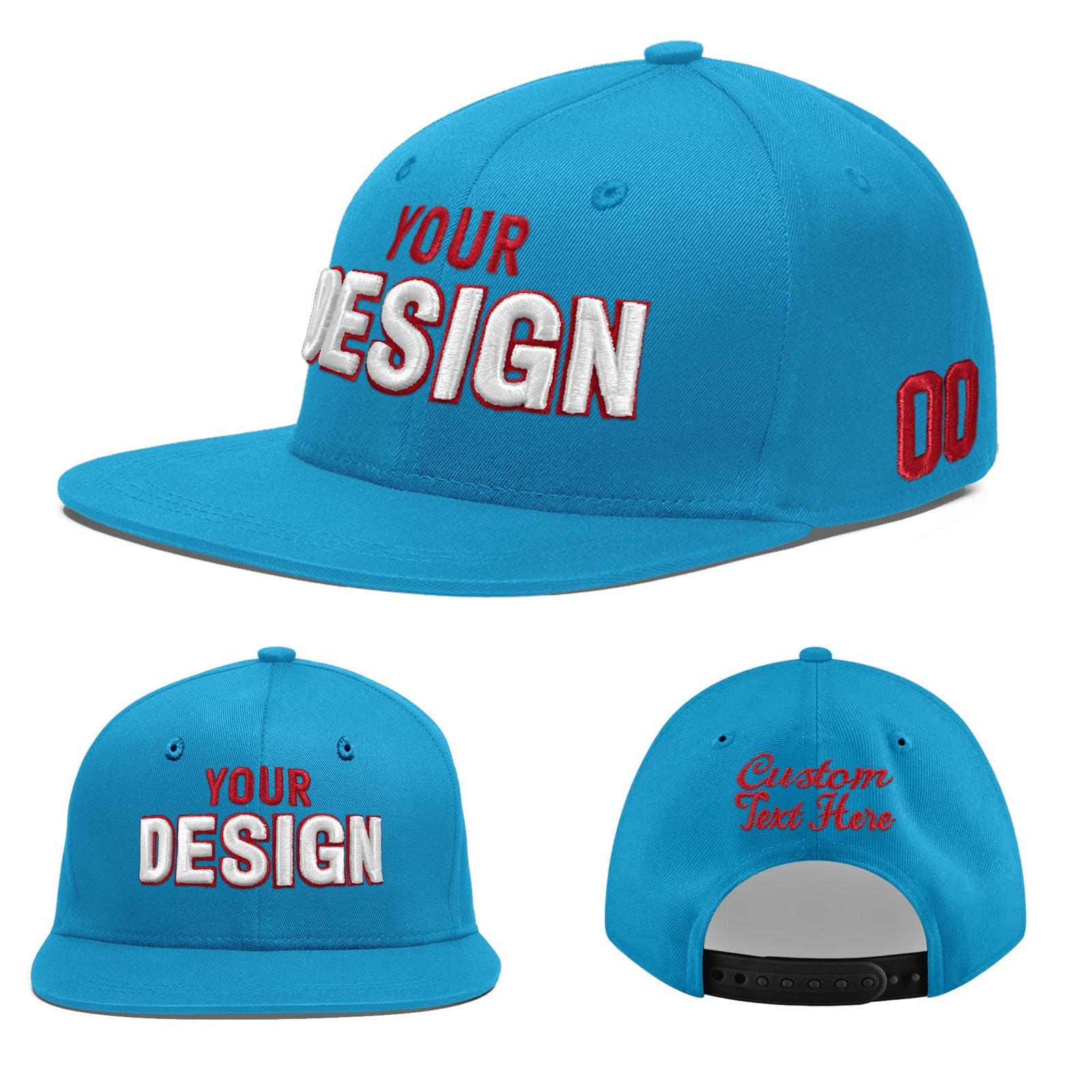 Custom Light Blue 3D Puff Embroidery Flat Embroidery Casual Sport Baseball Cap